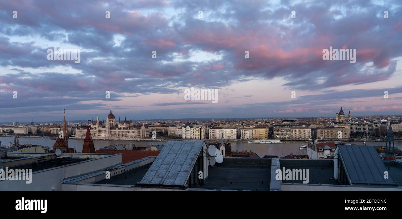Panoramic view from Pest house balcony of Danube river side with
