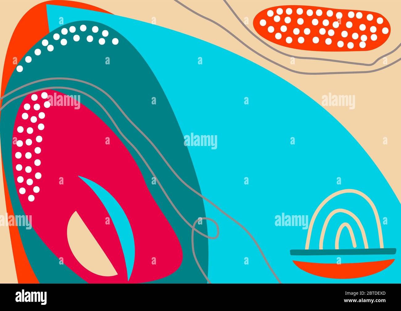 Fun hand drawn colorful shapes, doodle objects and lines, dots collage, modern trendy abstract pattern background for design. Red  blue beige pastel c Stock Vector