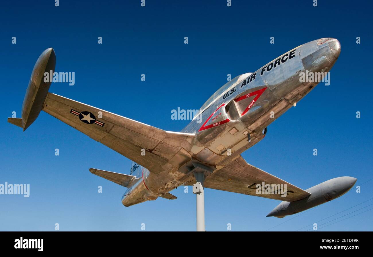 Lockheed T33A Shooting Star jet trainer aircraft on display at Veterans Park in Fort Garland, San Luis Valley, Colorado, USA Stock Photo