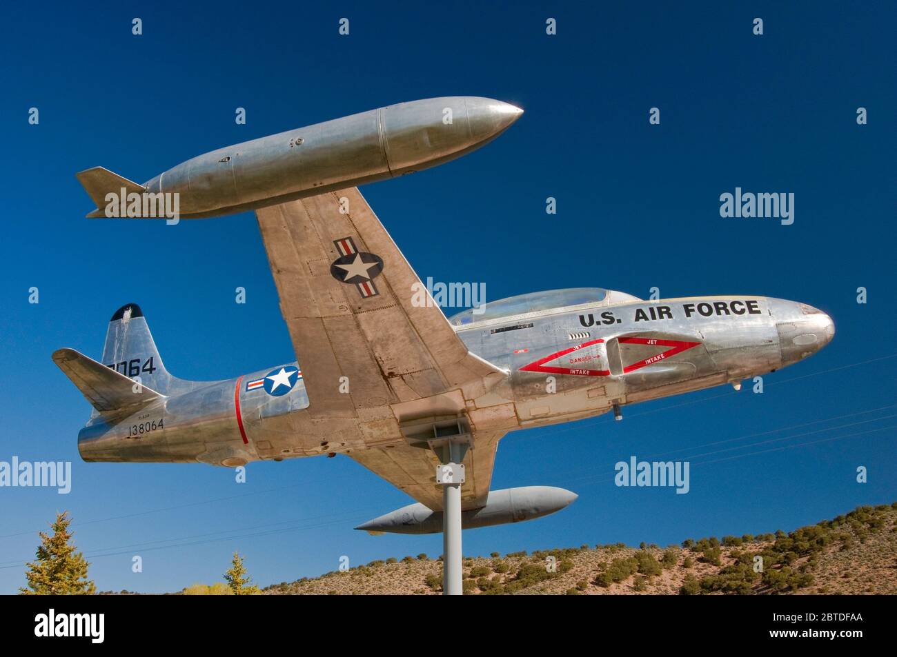 Lockheed T33A Shooting Star jet trainer aircraft on display at Veterans Park in Fort Garland, San Luis Valley, Colorado, USA Stock Photo