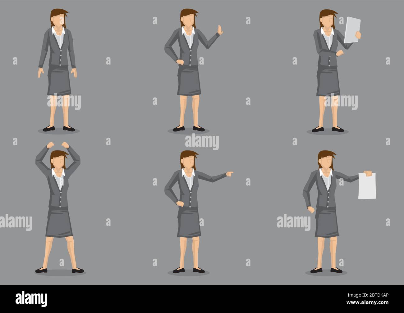 Set of six vector illustration of cartoon career woman executive in various gestures isolated on plain grey background. Stock Vector