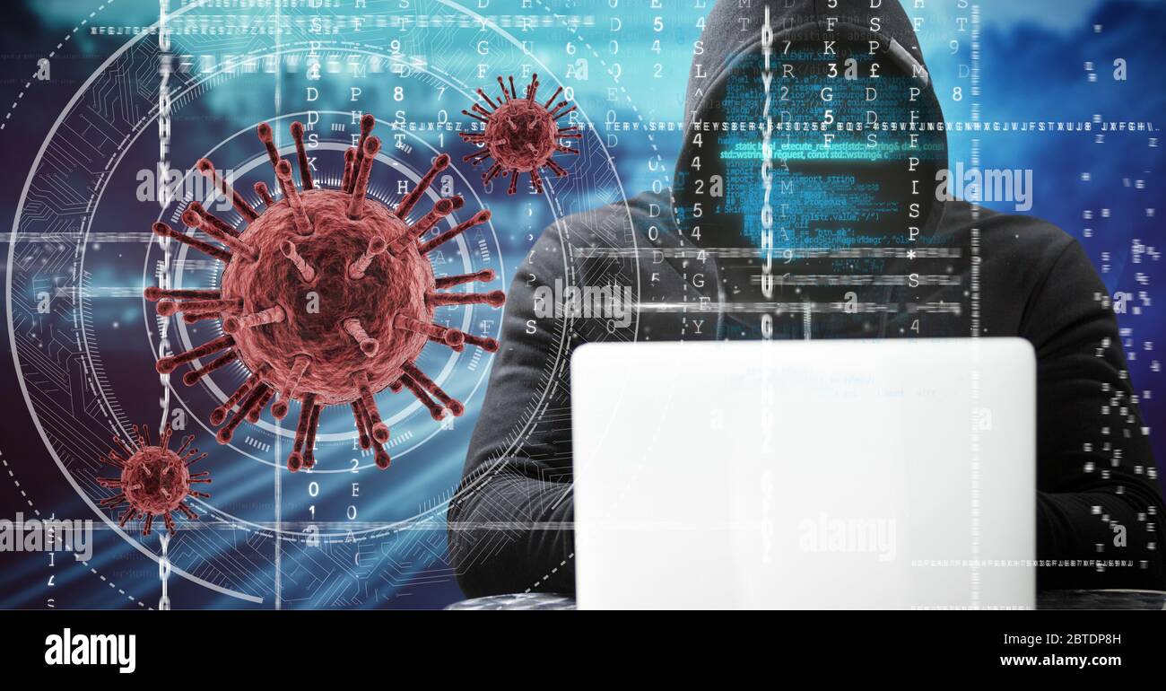 Hacker during coronavirus covid19 pandemic over data and red coronavirus covid19 cell scanning Stock Photo