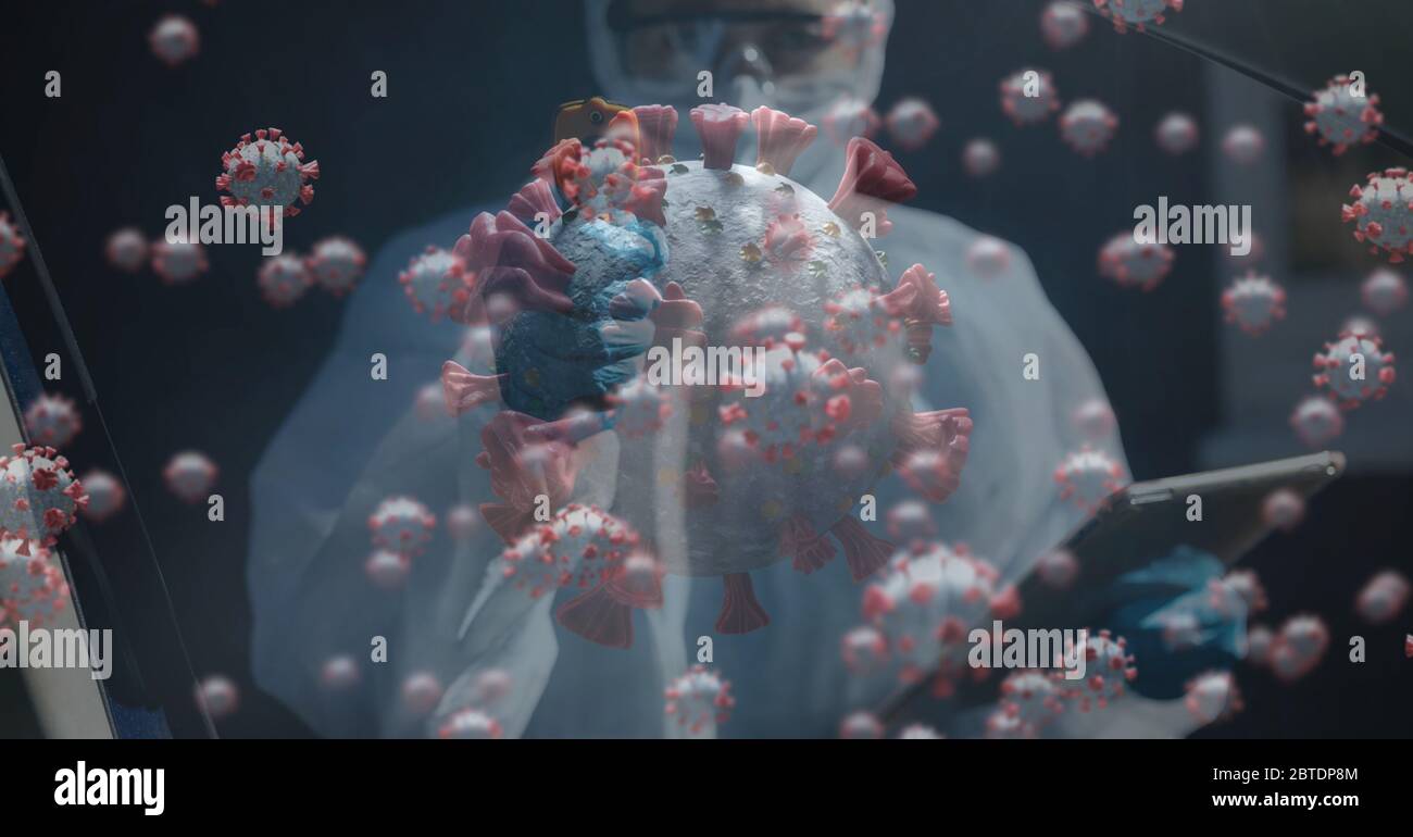 Macro coronavirus covid19 cells floating with healthcare worker wearing protective suit and holding Stock Photo