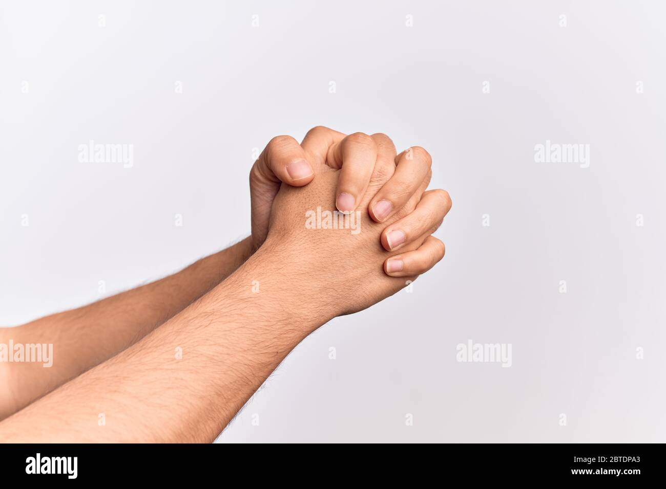 Hand of caucasian young man showing fingers over isolated white