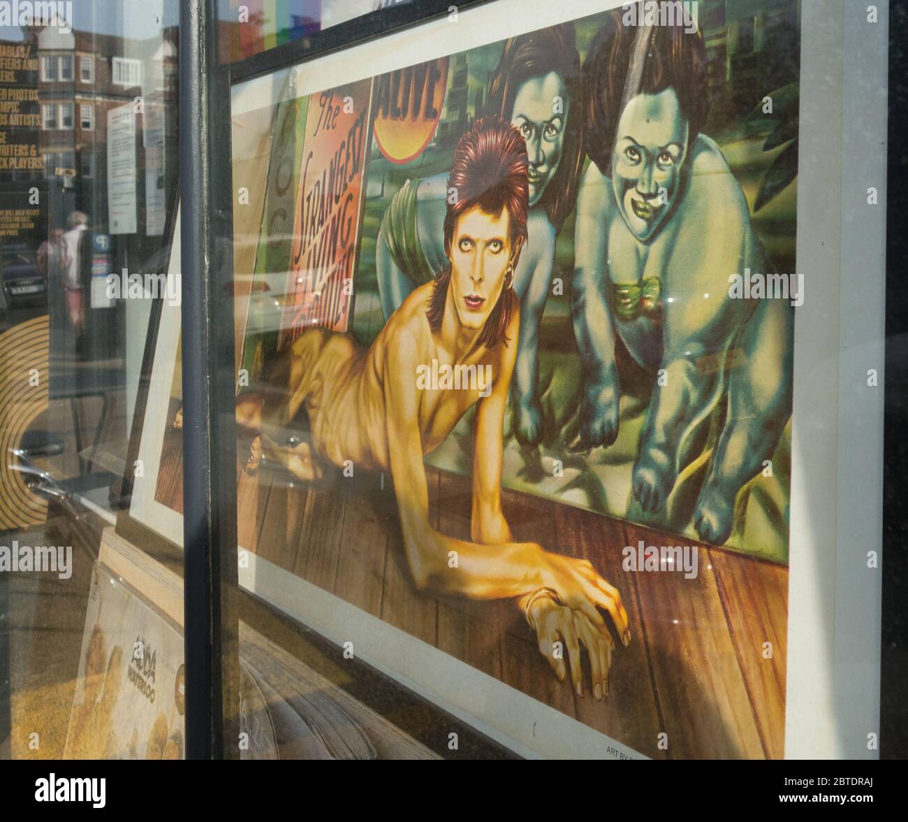 Closeup of David Bowie's controversial Diamond Dogs Album Cover in a record shop window in London UK Stock Photo