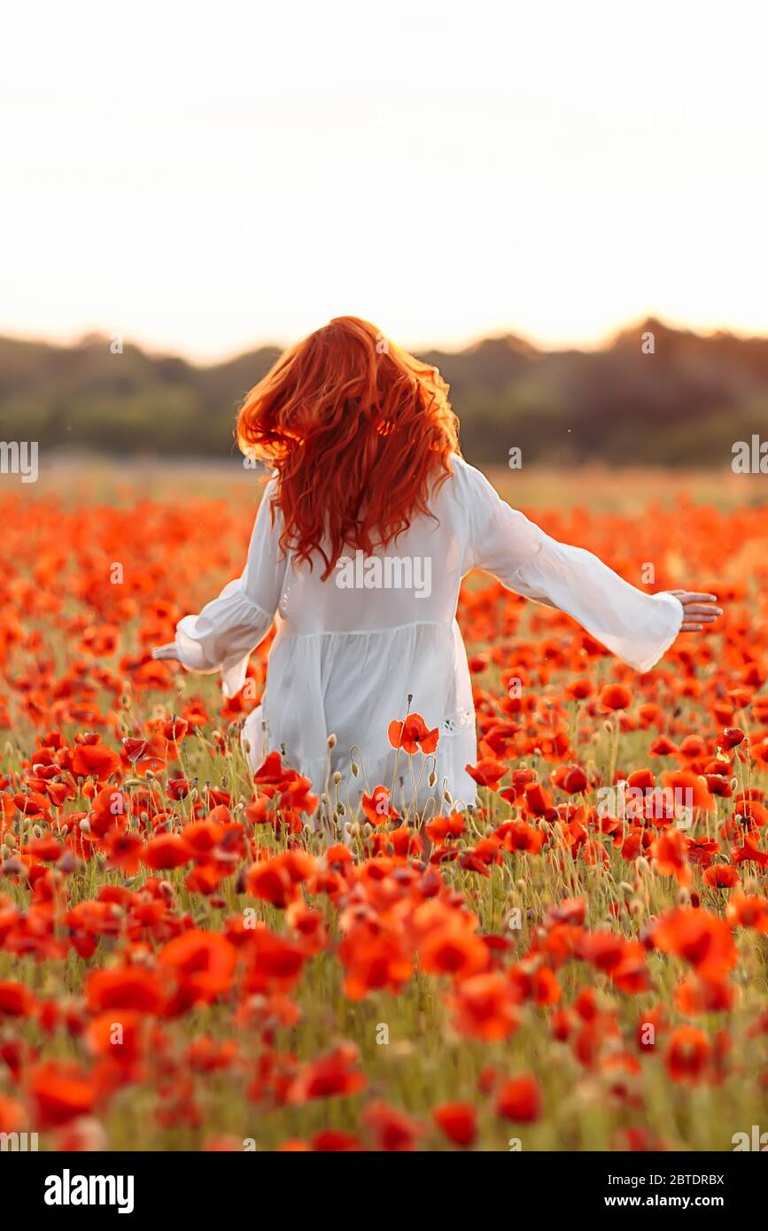 Happy redhead smiling woman in white dress on field of poppies at warm ...