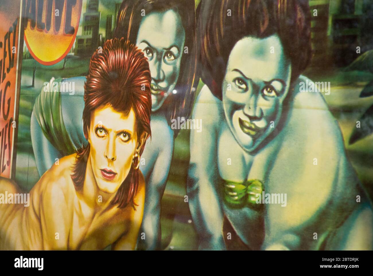 Closeup of David Bowie's controversial Diamond Dogs Album cover in a record shop window - London, England, UK Stock Photo