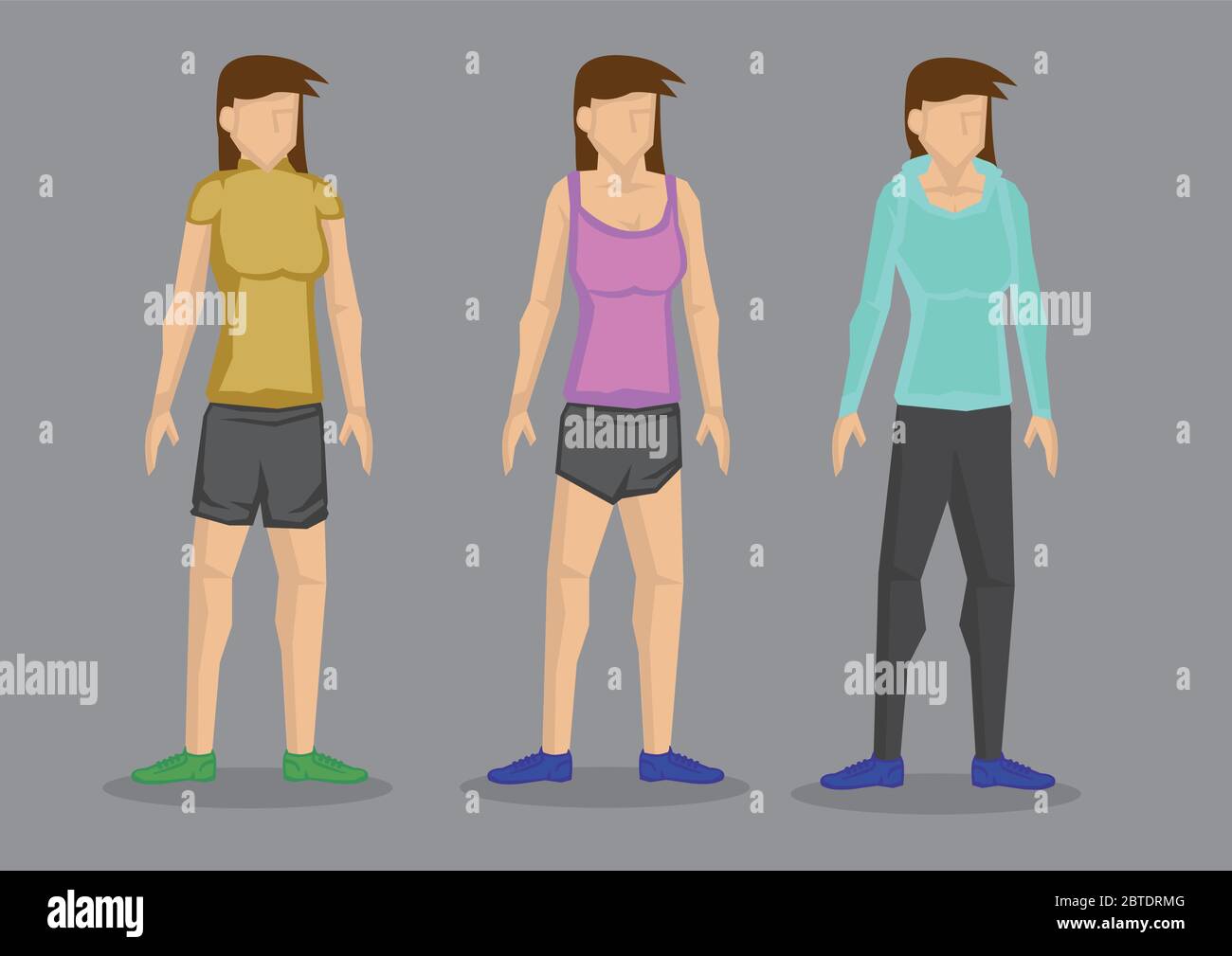 Set of three vector illustrations of cartoon women in different fashion outfits for sporty look isolated on grey background. Stock Vector