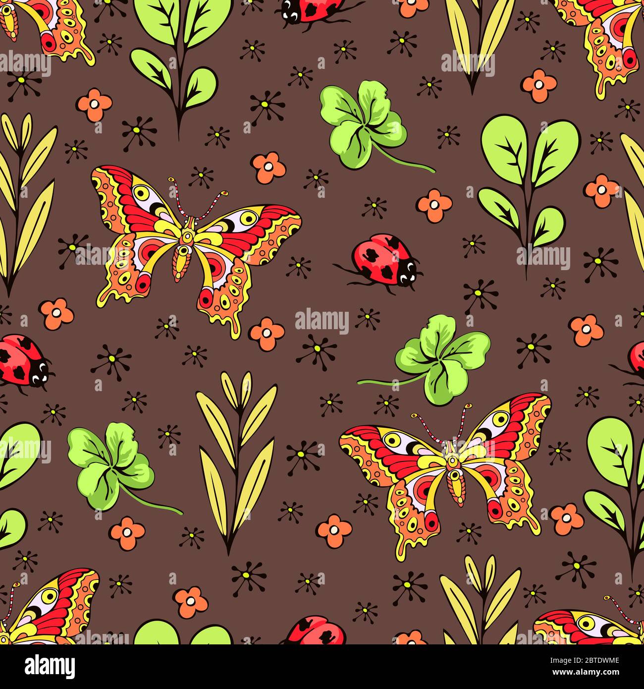 Cartoon drawing colorful insects, flowers and plants seamless pattern, floral background. Bright multi-colored butterflies, ladybug, buds, leaves and Stock Vector