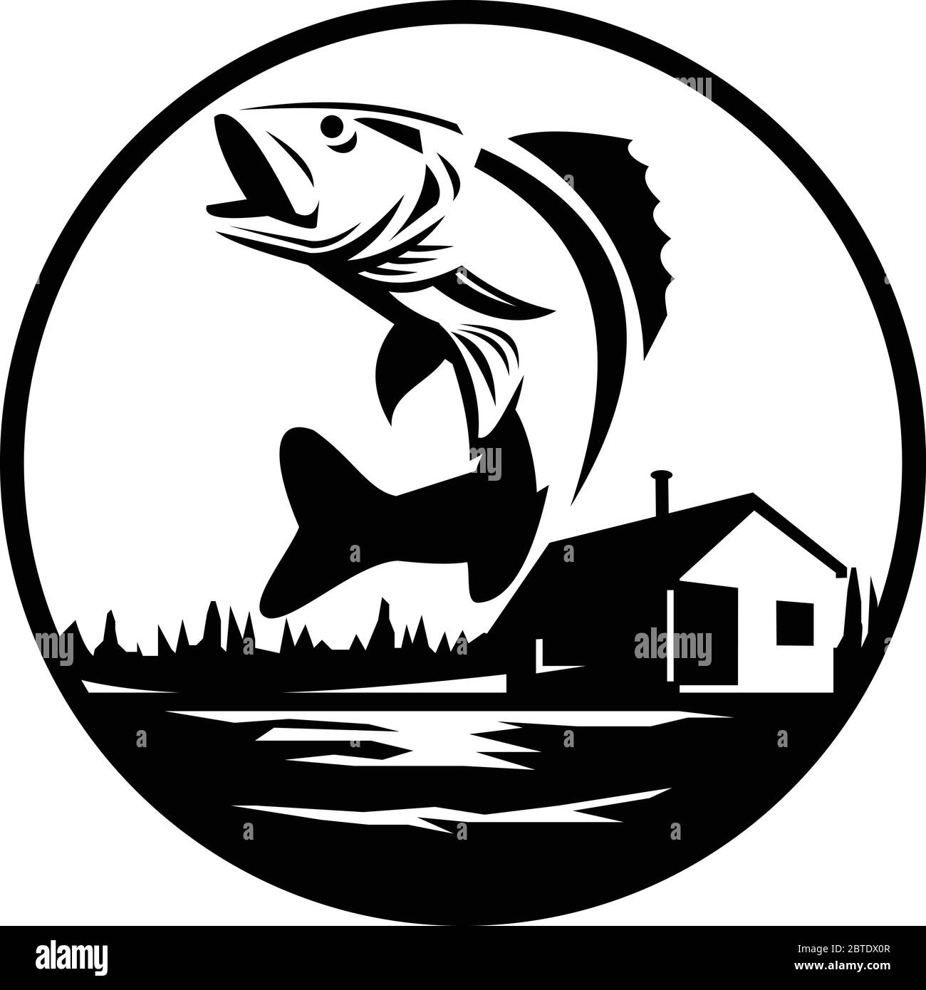 Black and White Illustration of a Walleye (Sander vitreus, formerly Stizostedion vitreum), a freshwater perciform fish jumping with lake and cabin in Stock Vector