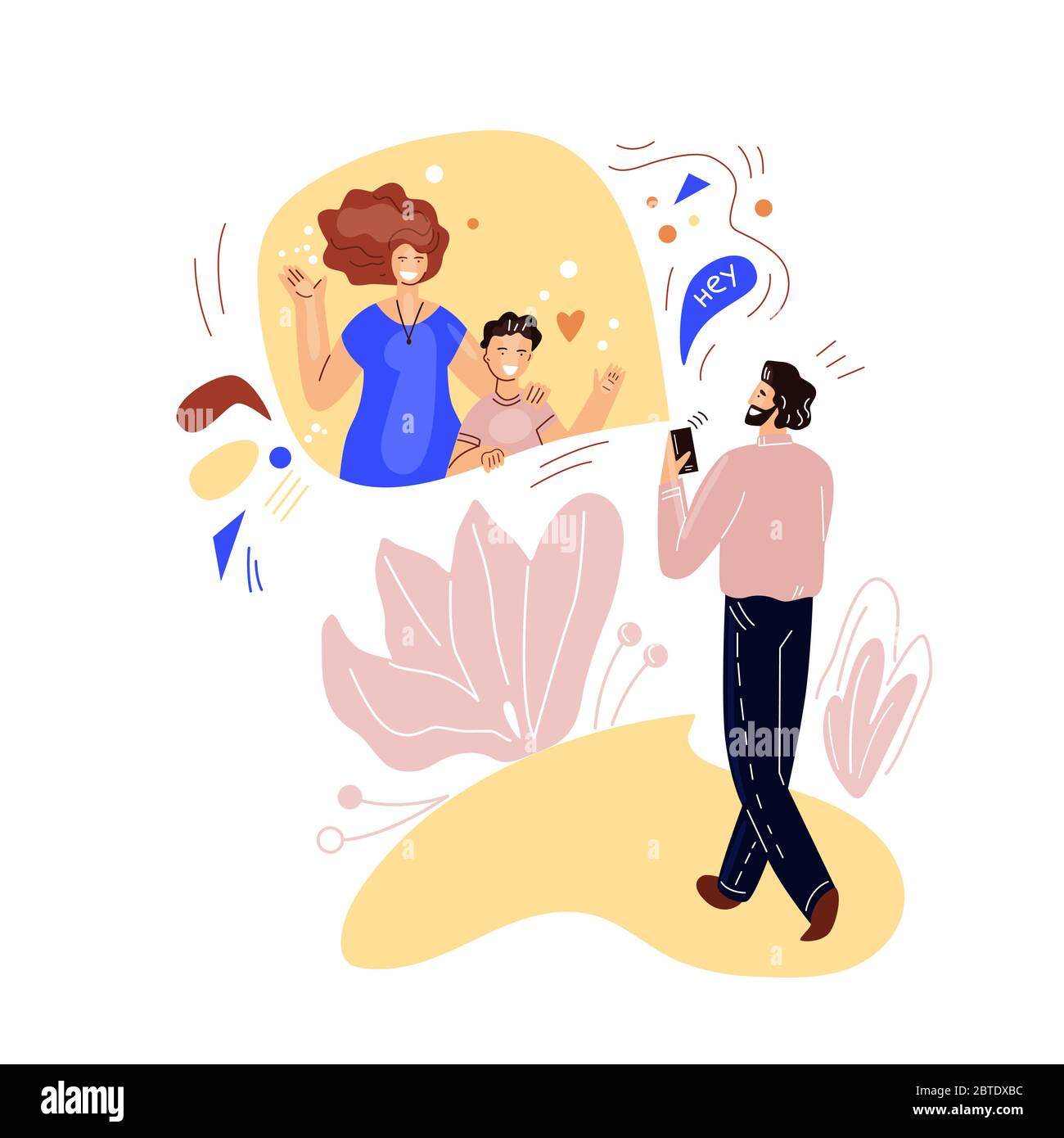 Man walking and talking on online video conference with family, wife and kid. Vector flat concept of online communication and virtual meeting Stock Vector