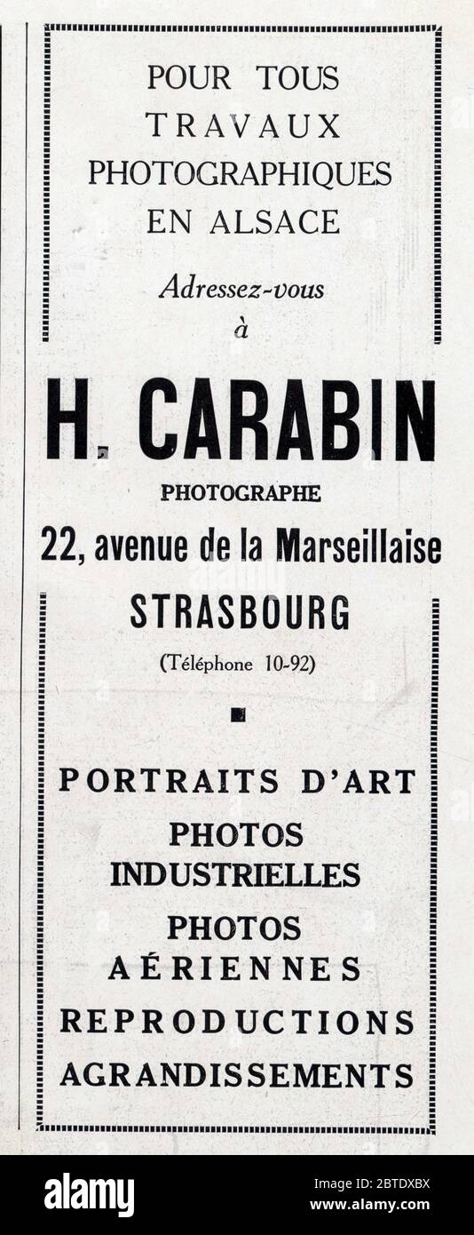 Publicité ancienne.1936.H.Carabin.Photographe à Strasbourg. Stock Photo