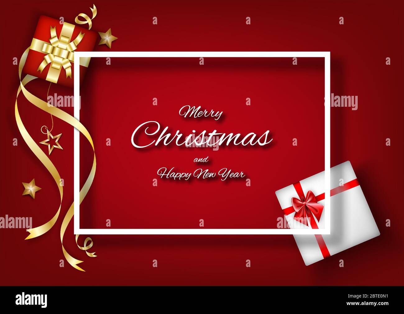Red Christmas background with frame text and ribbon, star, realistic