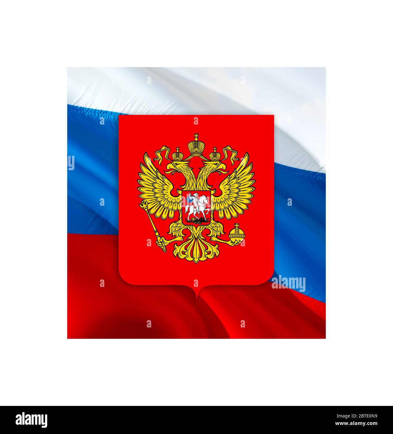 Russian flag with Coat of arms of Russia. Kremlin presidential