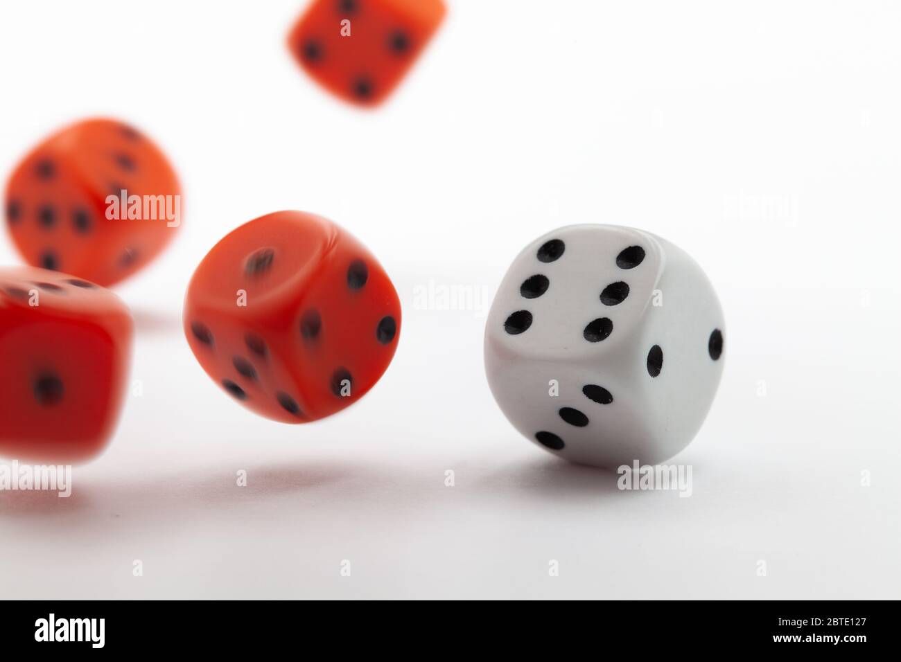 Playing dice at white wooden background. Playing a game with dice