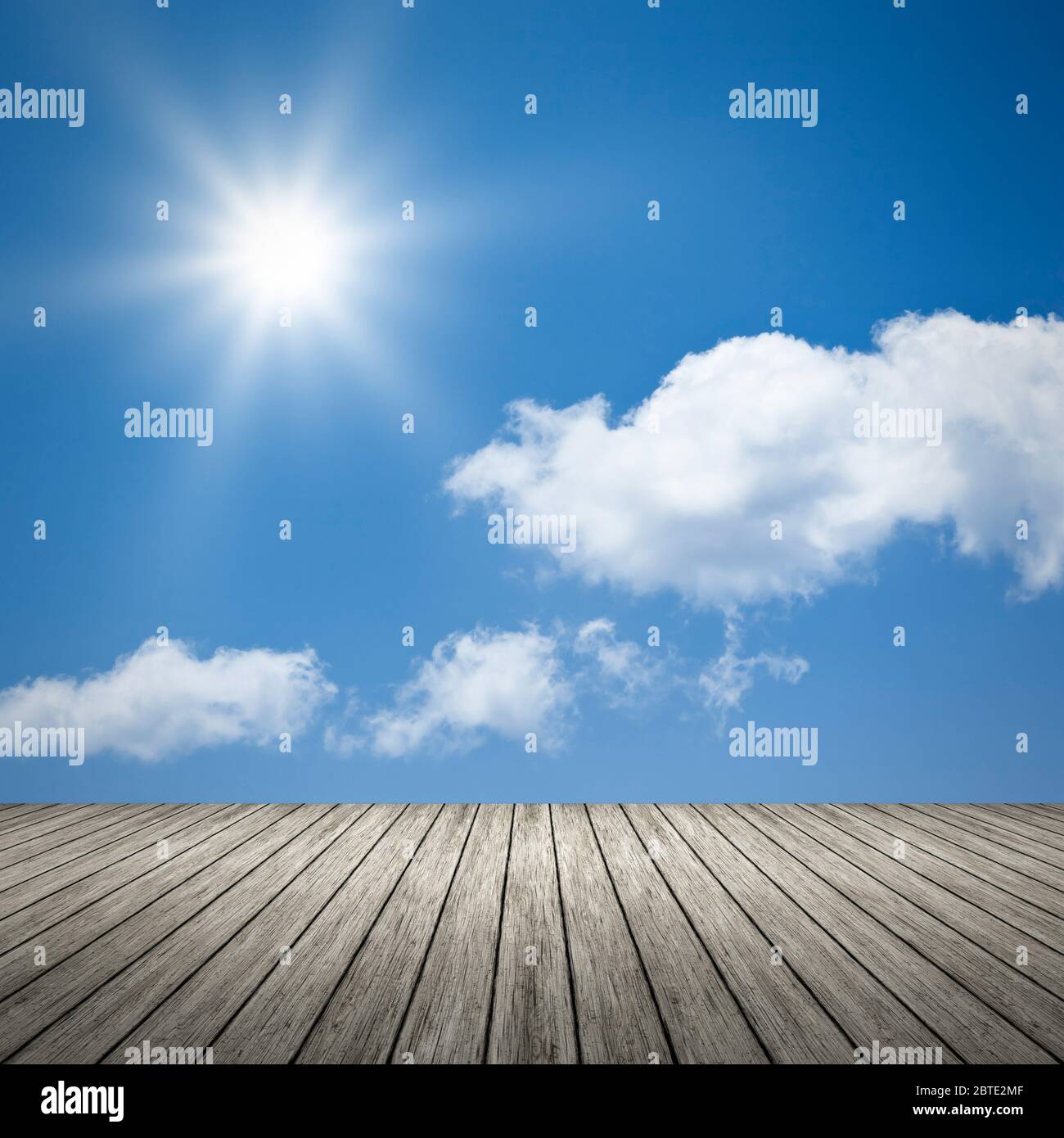 boardwalk, blue sky with white clouds and bright sun, composing, Germany, Bavaria Stock Photo