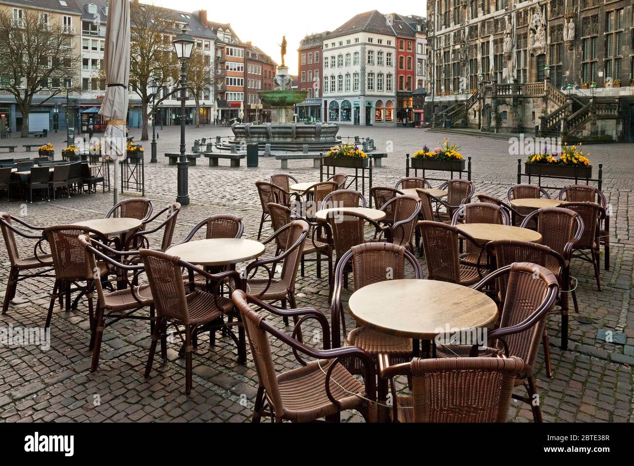 empty cafes in the centre of Aachen, corona crisis 2020, Germany, North Rhine-Westphalia, Aix-la-Chapelle Stock Photo