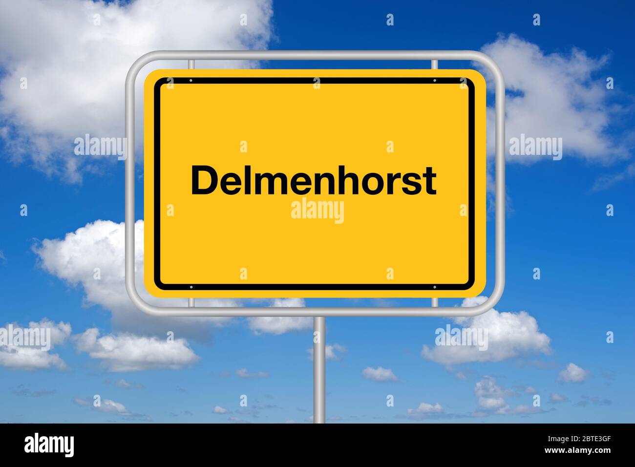 sity sign Delmenhorst against blue sky, Germany, Lower Saxony Stock Photo