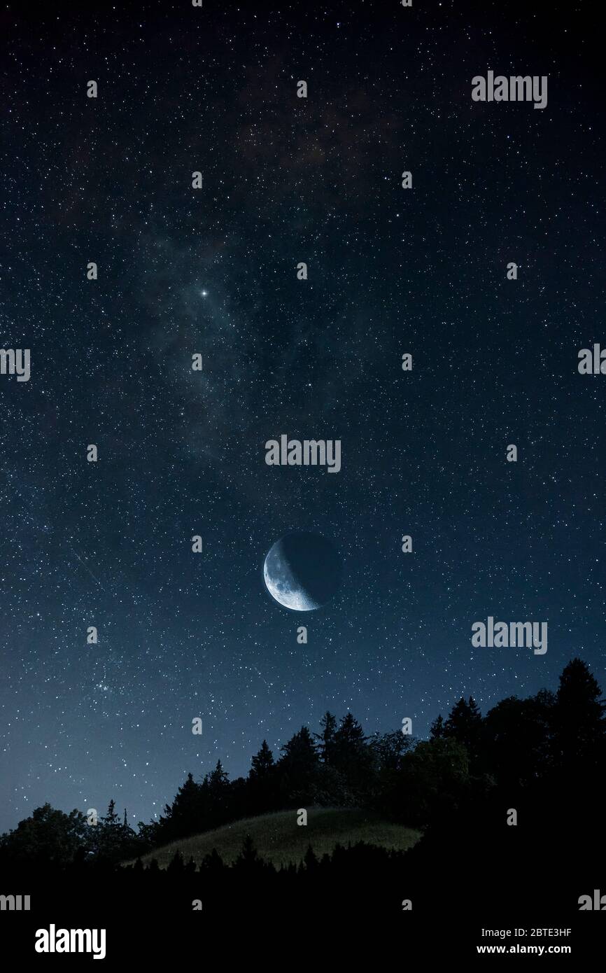 starry night with moon, Germany, Bavaria Stock Photo