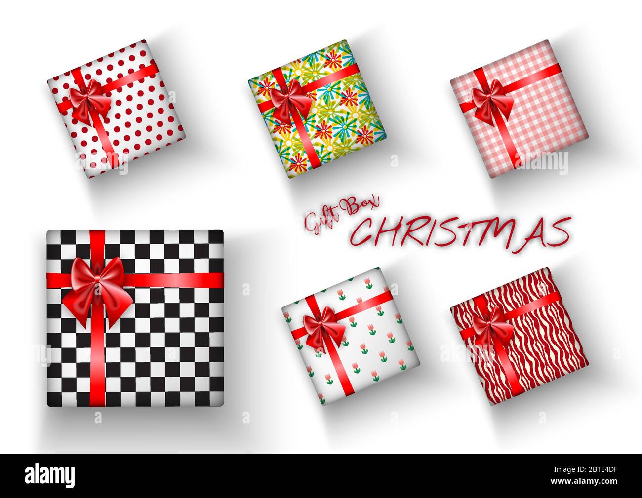 Set of Merry Christmas realistic gift box with bright wrapping, and shadow on a transparent background. decoration elements with festive celebration Stock Vector