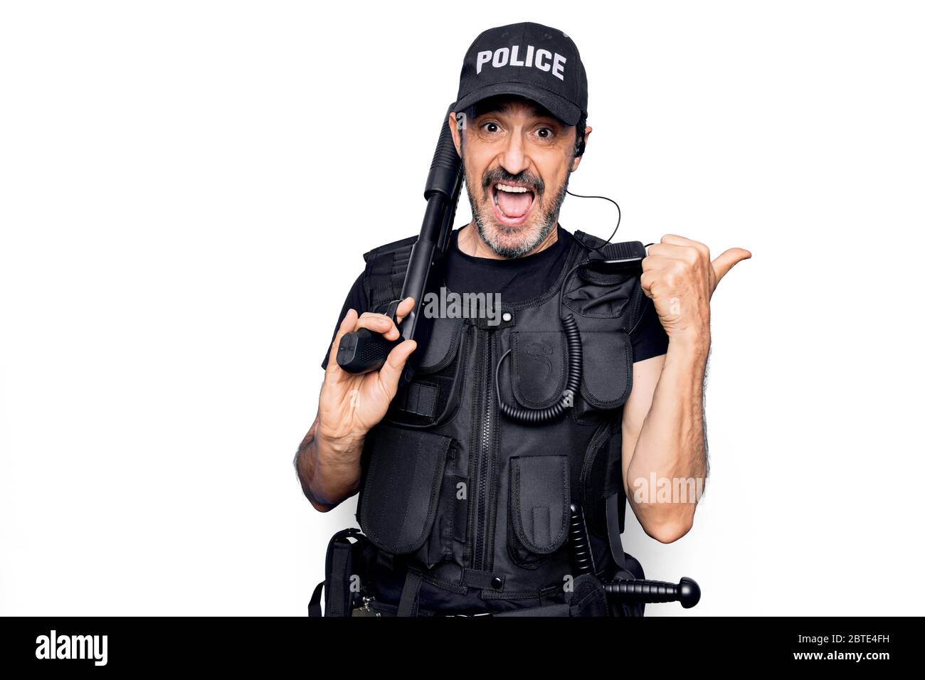 Middle age handsome policeman wearing police uniform and bulletproof ...