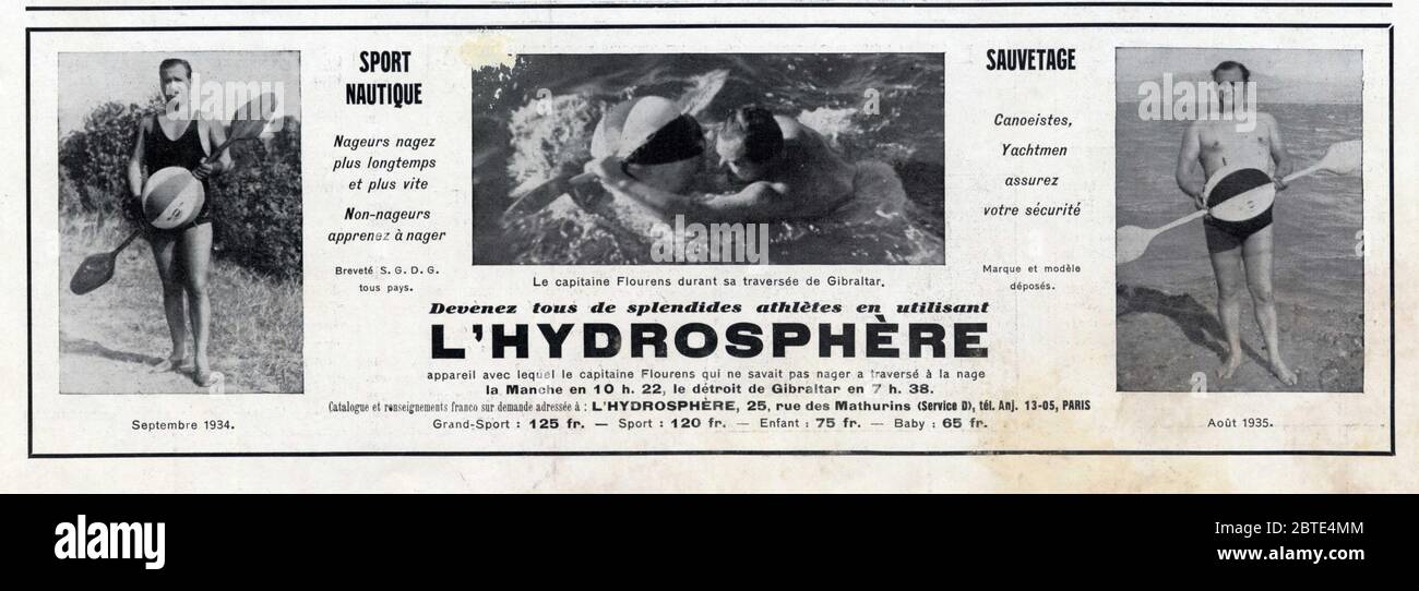 Publicité ancienne.L'hydrosphère.1936.Sport nautique.Sauvetage. Stock Photo
