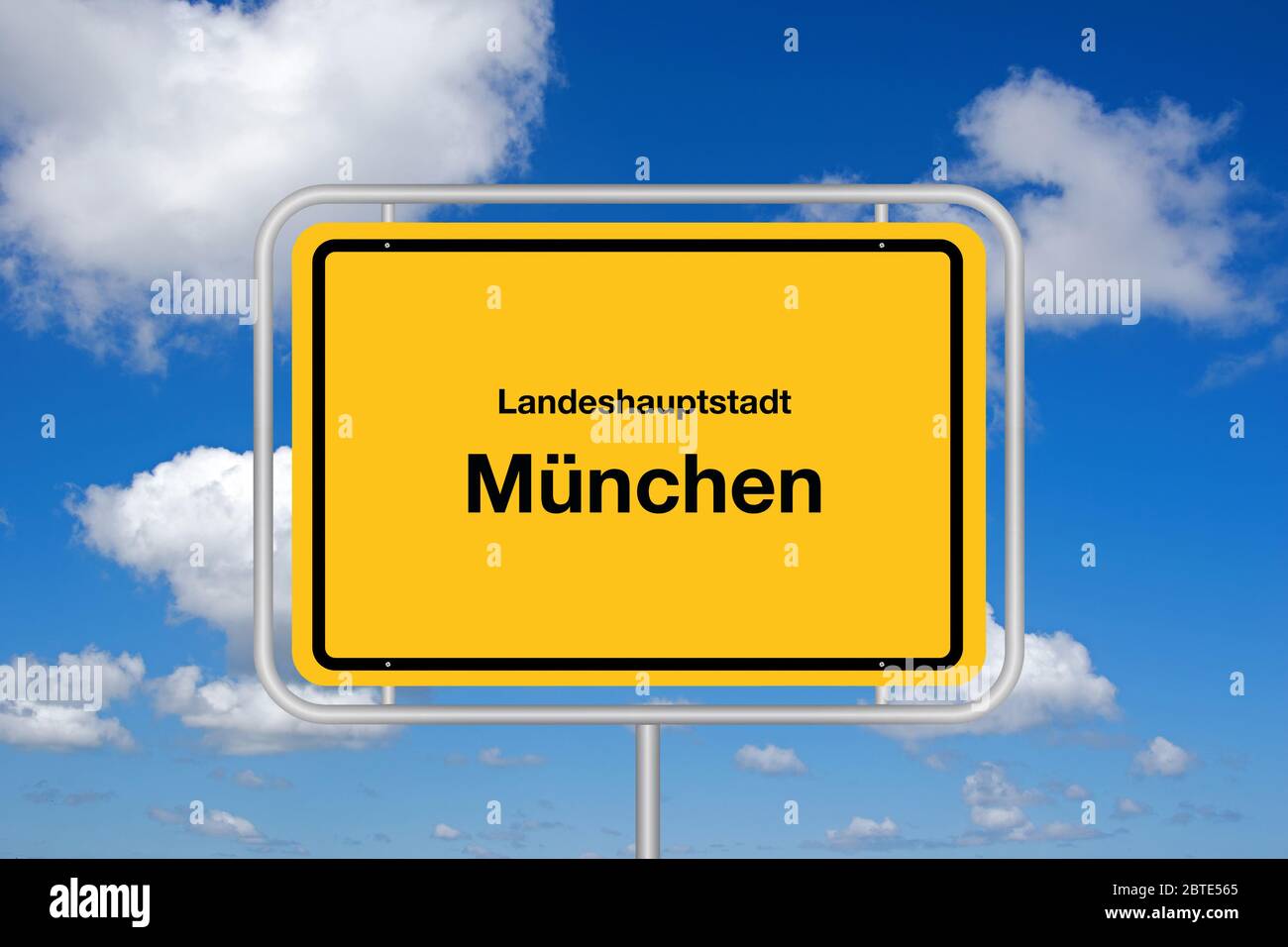 sity sign Landeshauptstadt Muenchen against blue sky, Germany, Bavaria, Muenchen Stock Photo