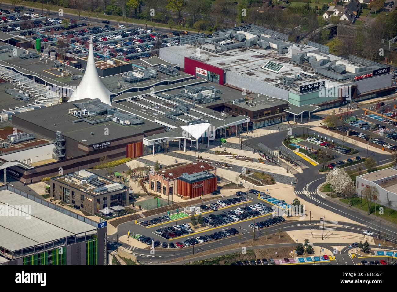 Ruhr Park Bochum, view from East with Mediamarkt, Sinn and Pizzeria L'Osteria, 10.04.2019, aerial view, Germany, North Rhine-Westphalia, Ruhr Area, Bochum Stock Photo