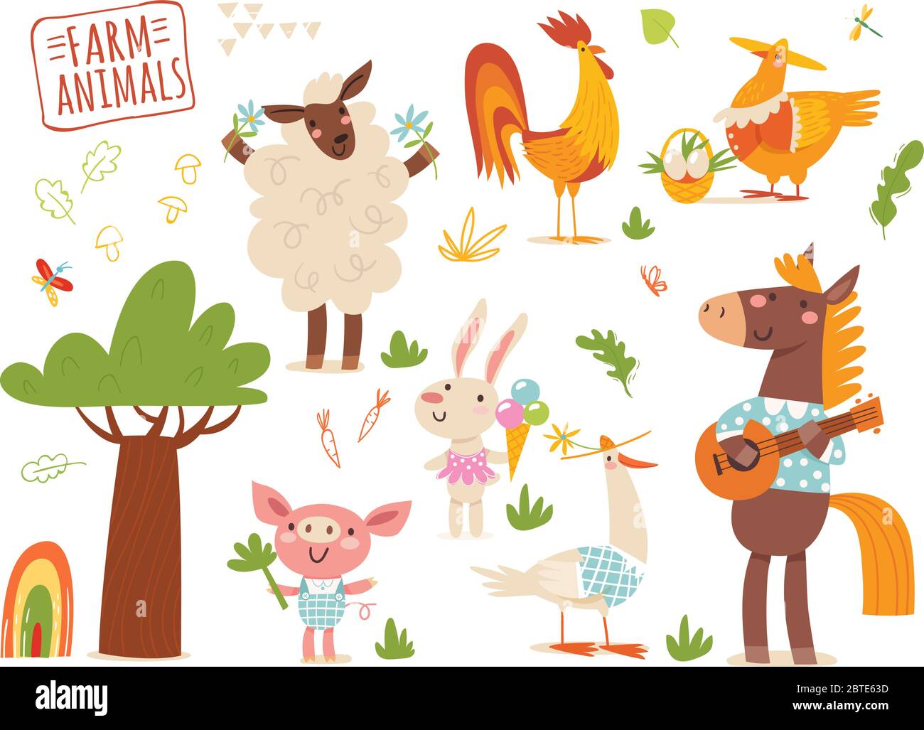 Set of funny hand drawn farm country animals. Stock Vector