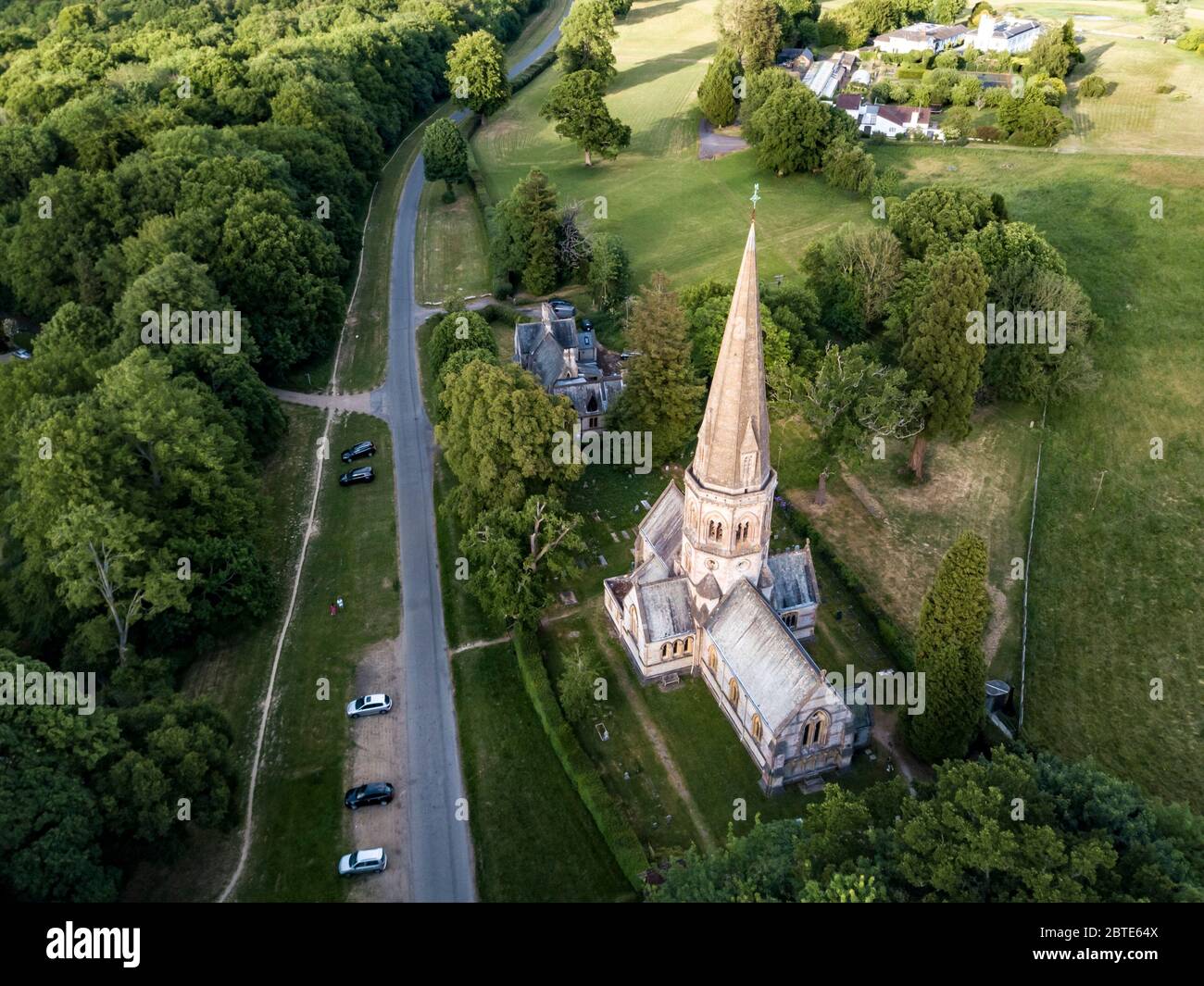 Aerial view of St Barnabas Church by Ranmore Common, Dorking- UK Stock Photo