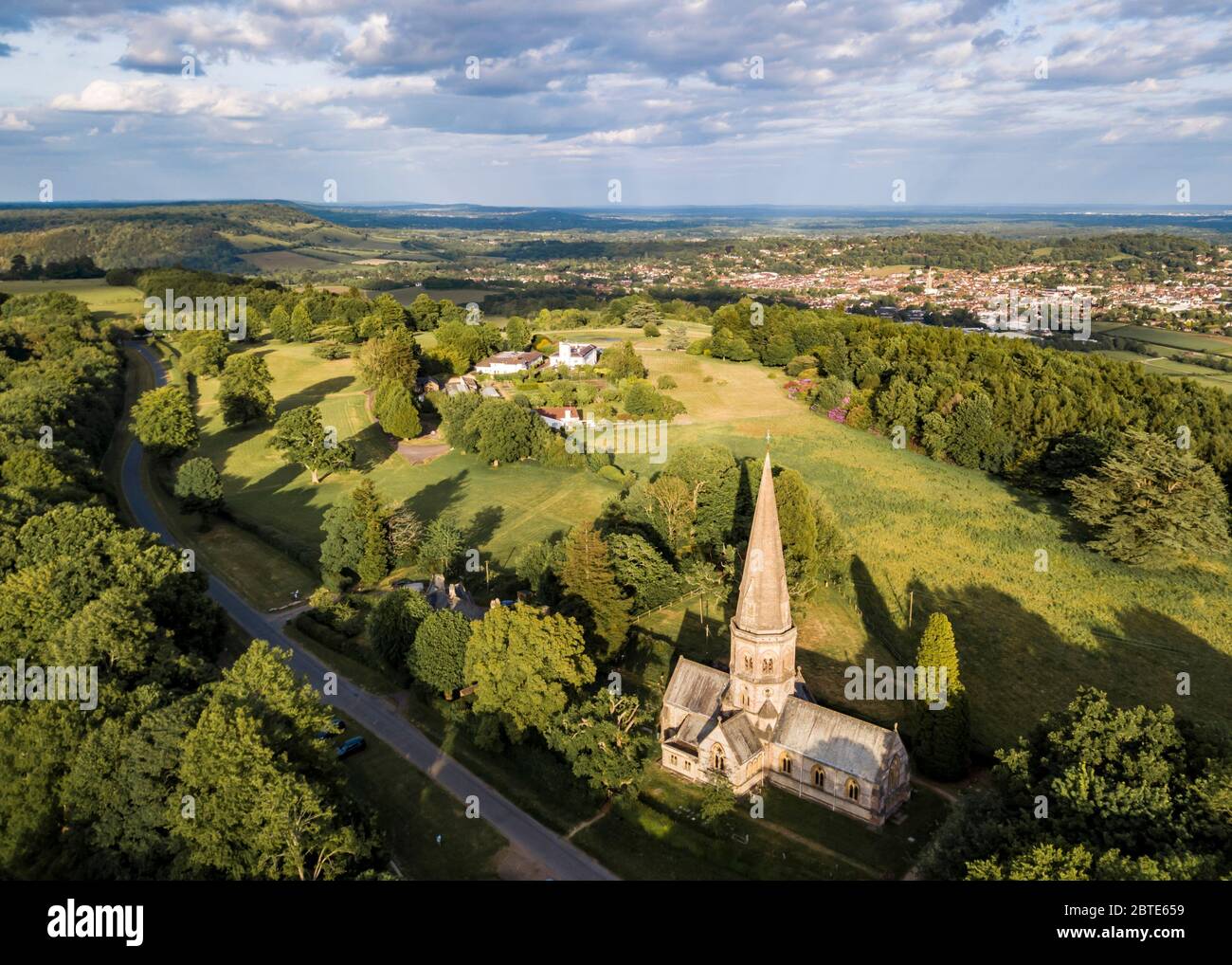 Aerial view of St Barnabas Church by Ranmore Common, Dorking- UK Stock Photo