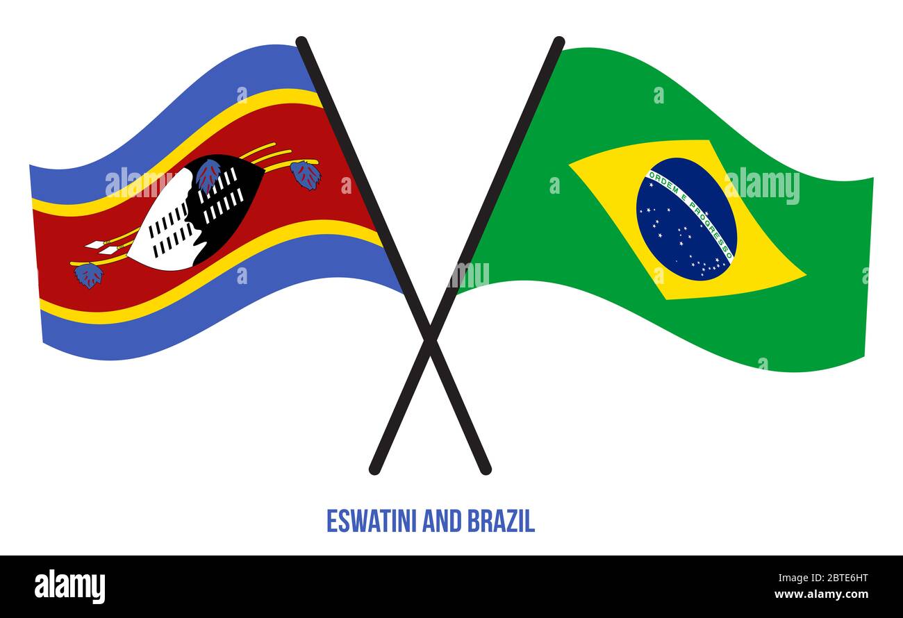 Eswatini And Brazil Flags Crossed And Waving Flat Style Official Proportion Correct Colors 