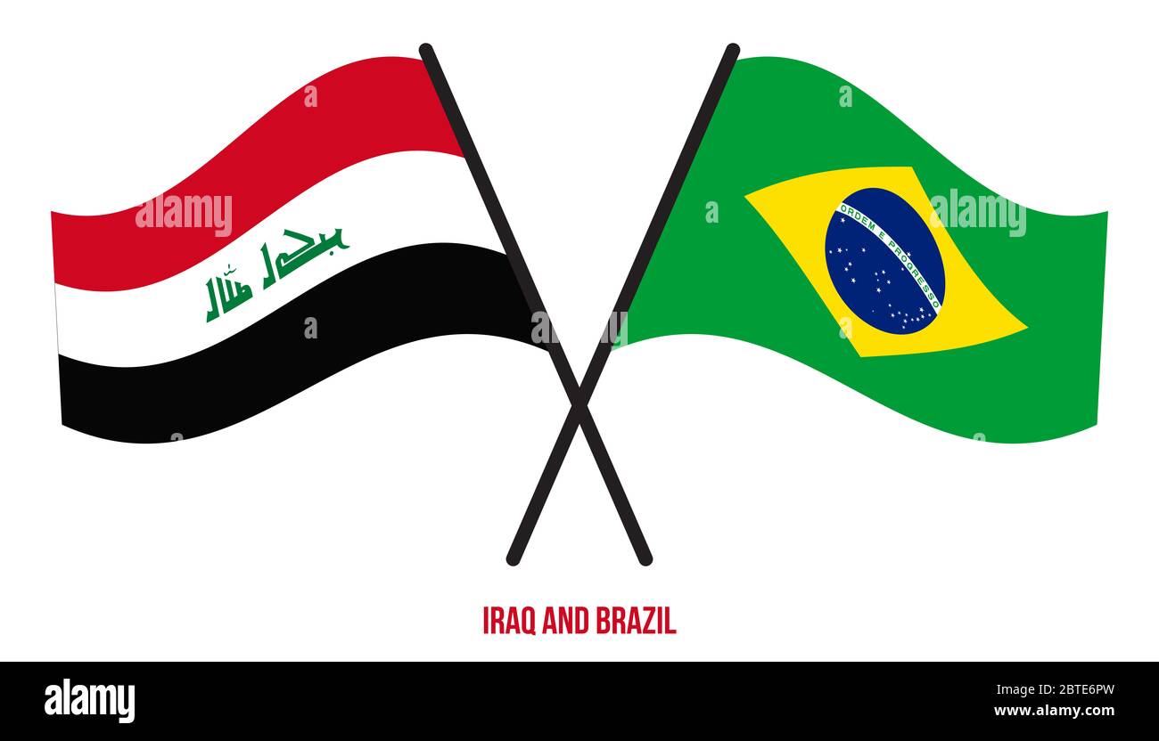 Iraq and Brazil Flags Crossed And Waving Flat Style. Official Proportion. Correct Colors. Stock Photo