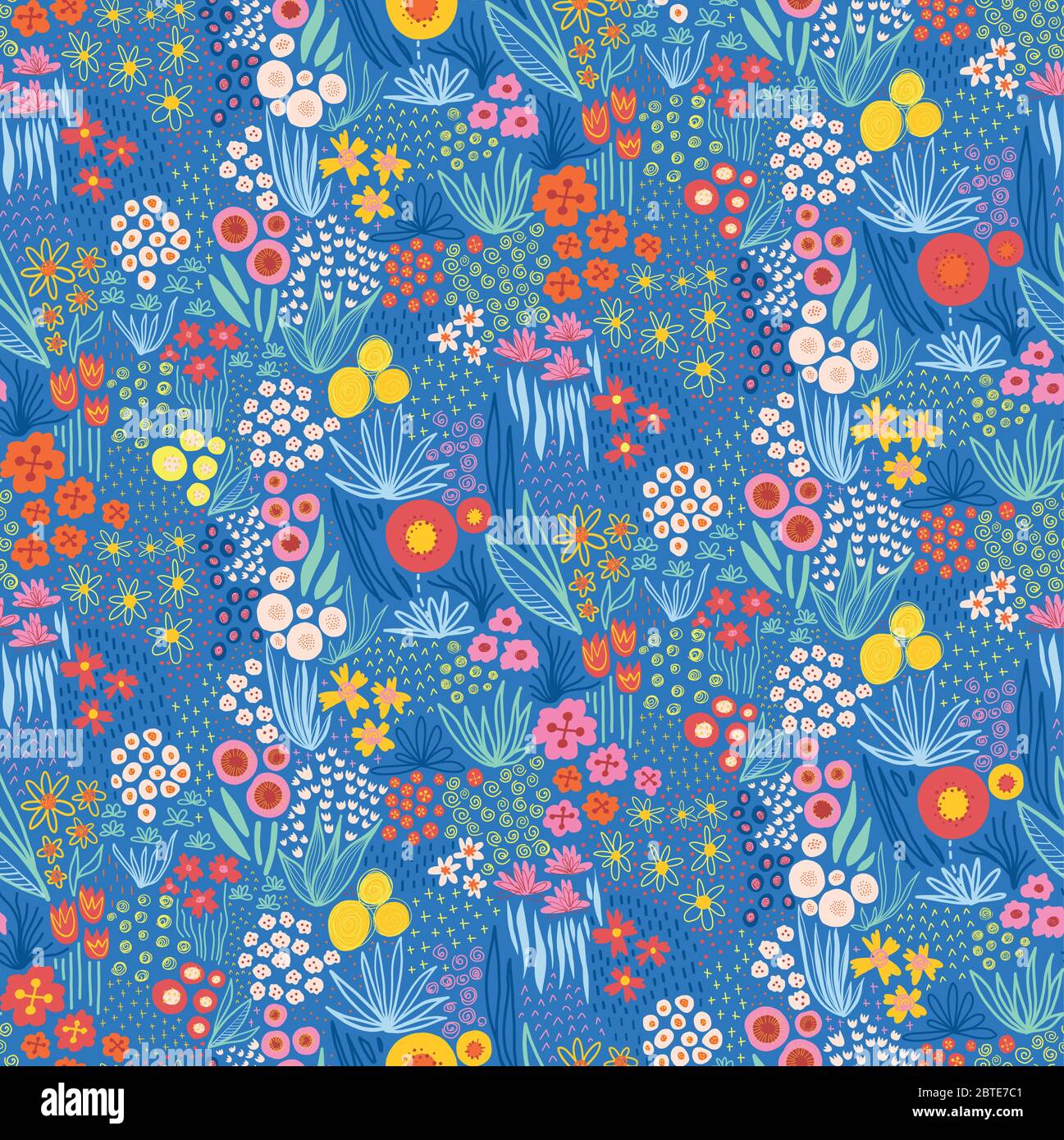 Flower meadow seamless vector pattern blue. Repeating doodle flowers