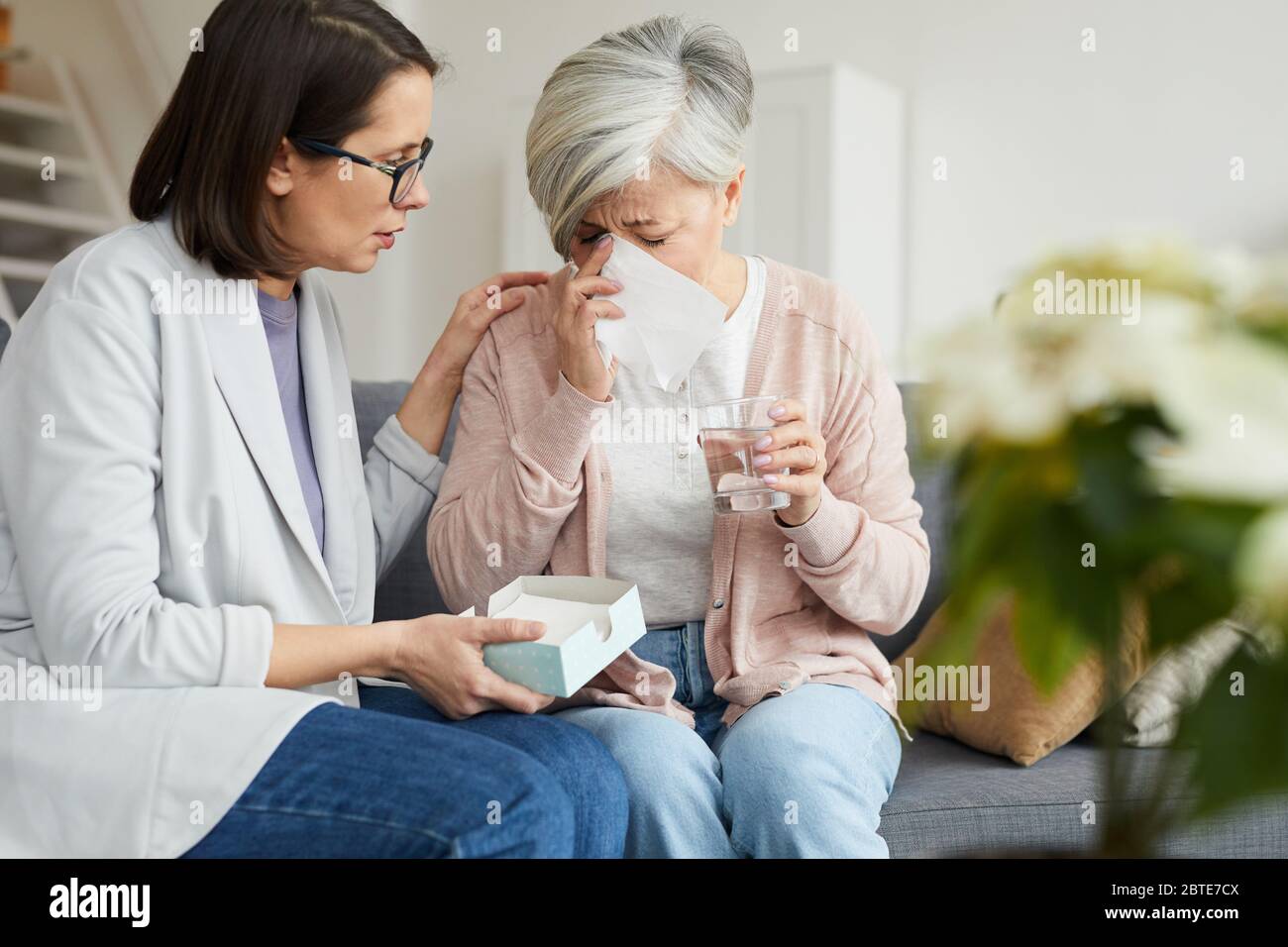 Portrait of adult female psychologist helping crying senior woman during therapy session in office, copy space Stock Photo
