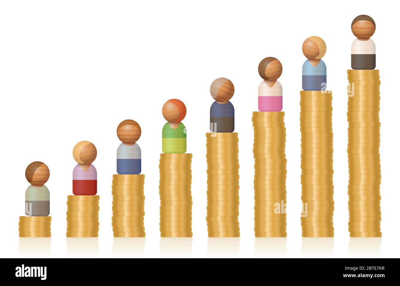 Increasing income, growing success, enhancing business, career and wealth - symbolized with toy figures on rising money towers. Stock Photo