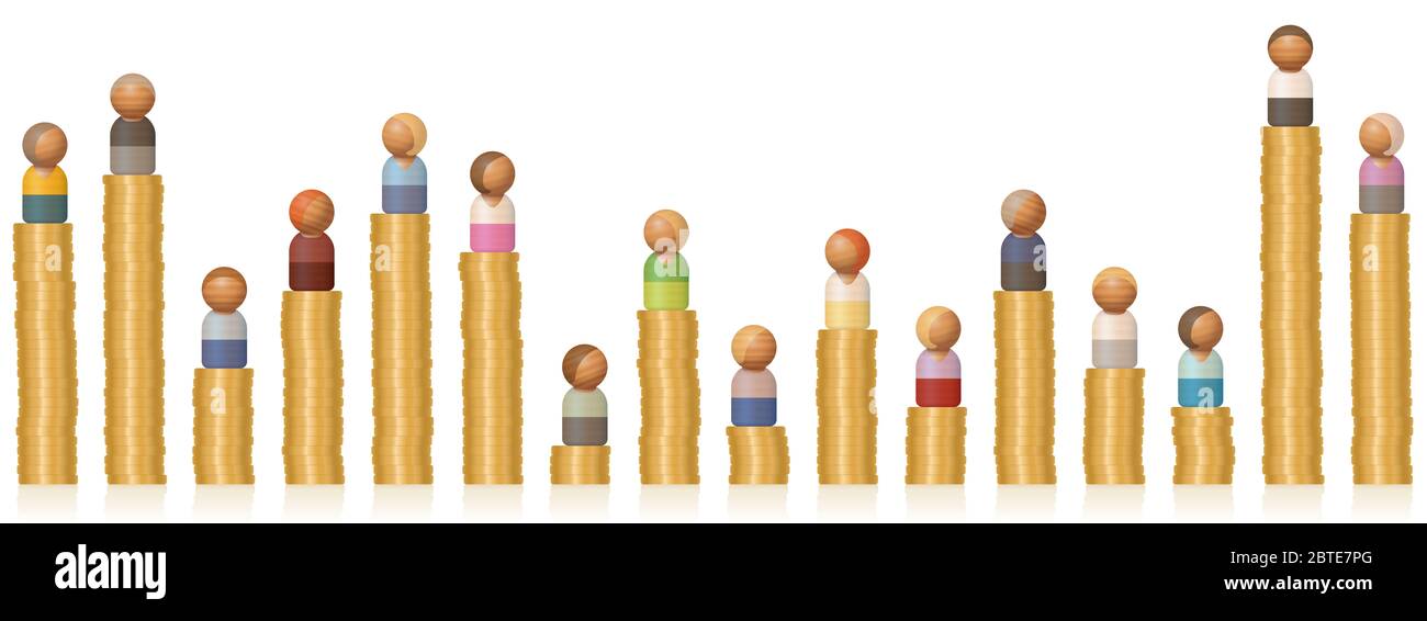 Income differentials of rich and poor people on low and high coin towers. Symbol for different earnings, inequality, diverse wealth, career. Stock Photo