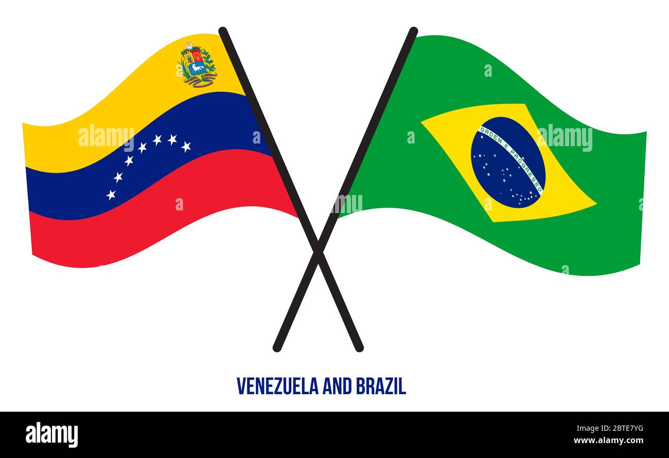 Venezuela and Brazil Flags Crossed And Waving Flat Style. Official Proportion. Correct Colors. Stock Photo