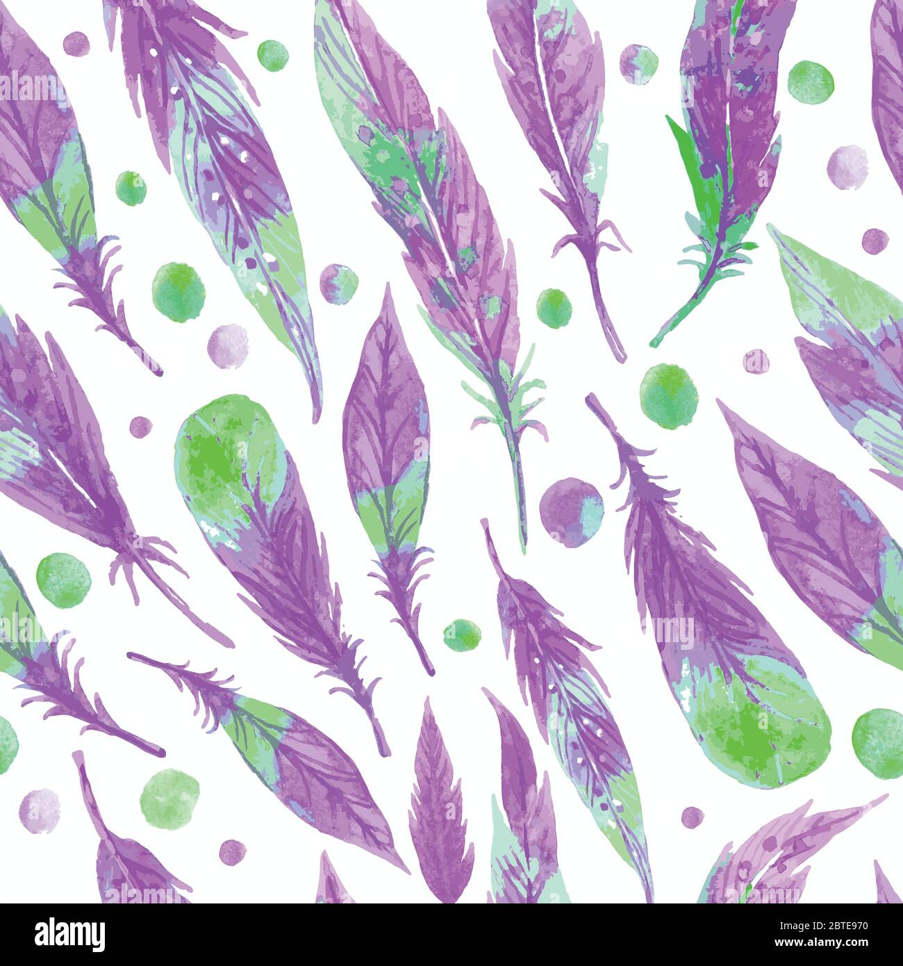 Watercolor seamless boho vector pattern with feathers. Hand Drawn Illustration on white background. Stock Vector