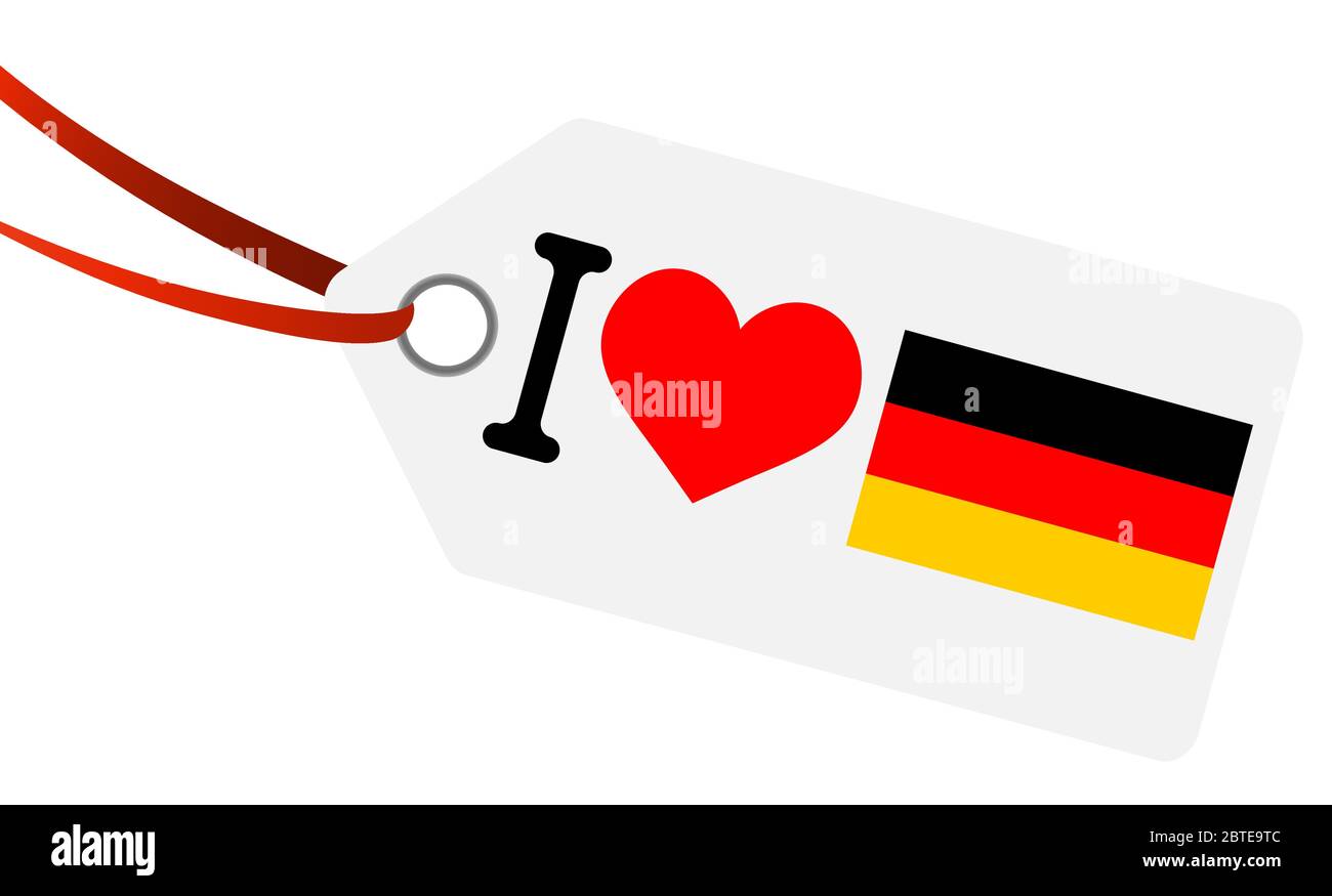 white hang tag with ribbon and text I love germany and heart flag Stock Vector