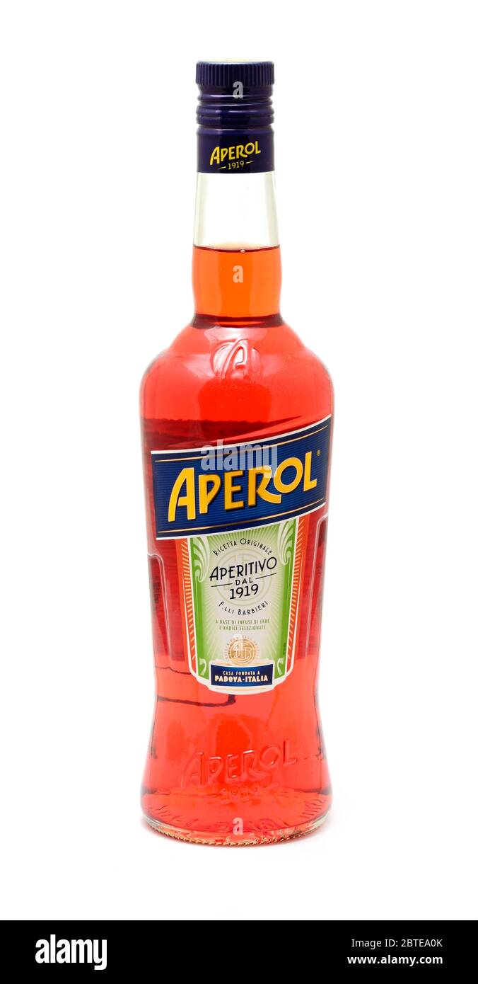 PRAGUE, CZECH REPUBLIC - MAY 20, 2020: Full Aperol bottle over white background. Aperol is classic Italian bitter aperitif with orange color produced Stock Photo
