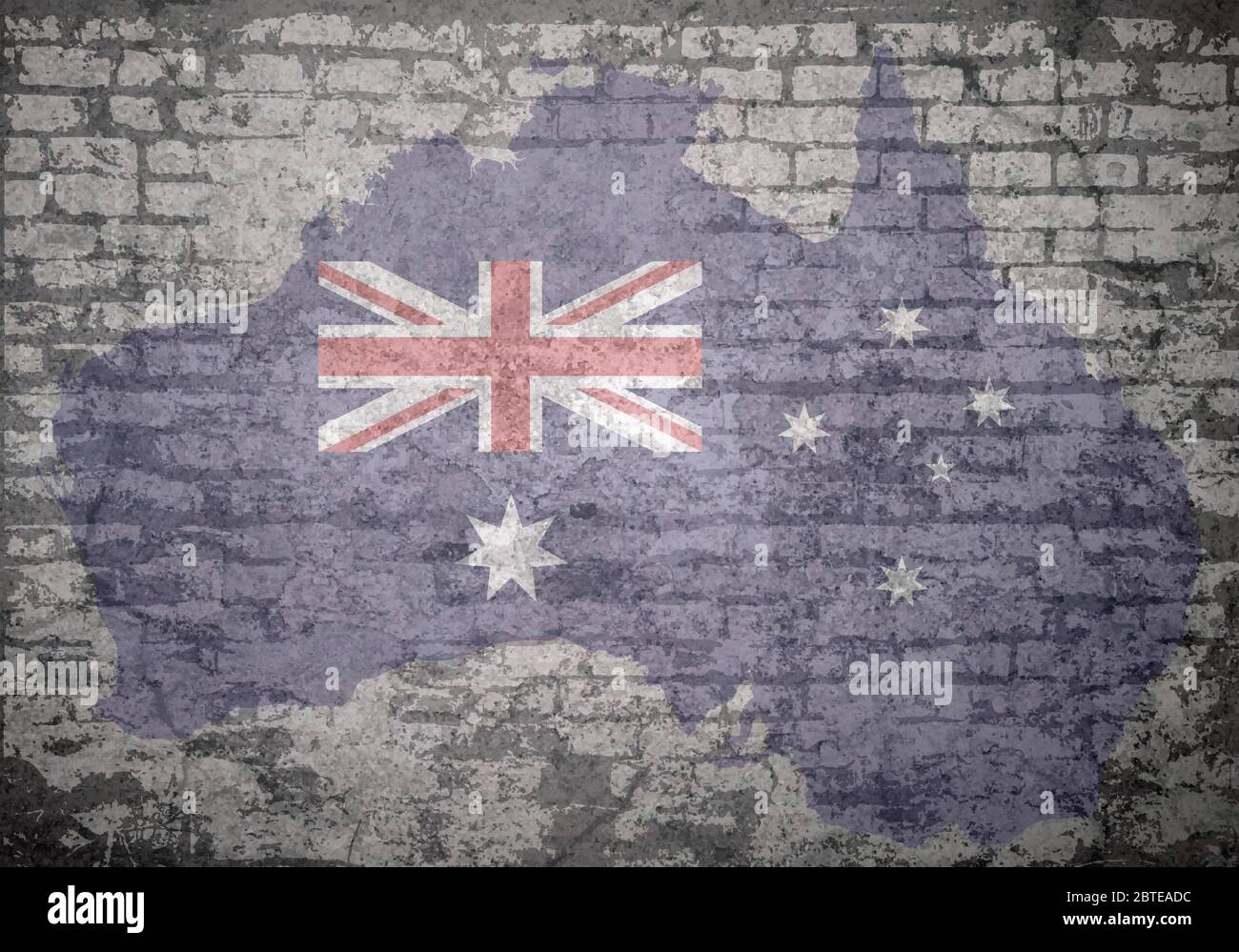 Grunge decayed faded brick wall background with the map flag of the Commonwealth of Australia Stock Photo