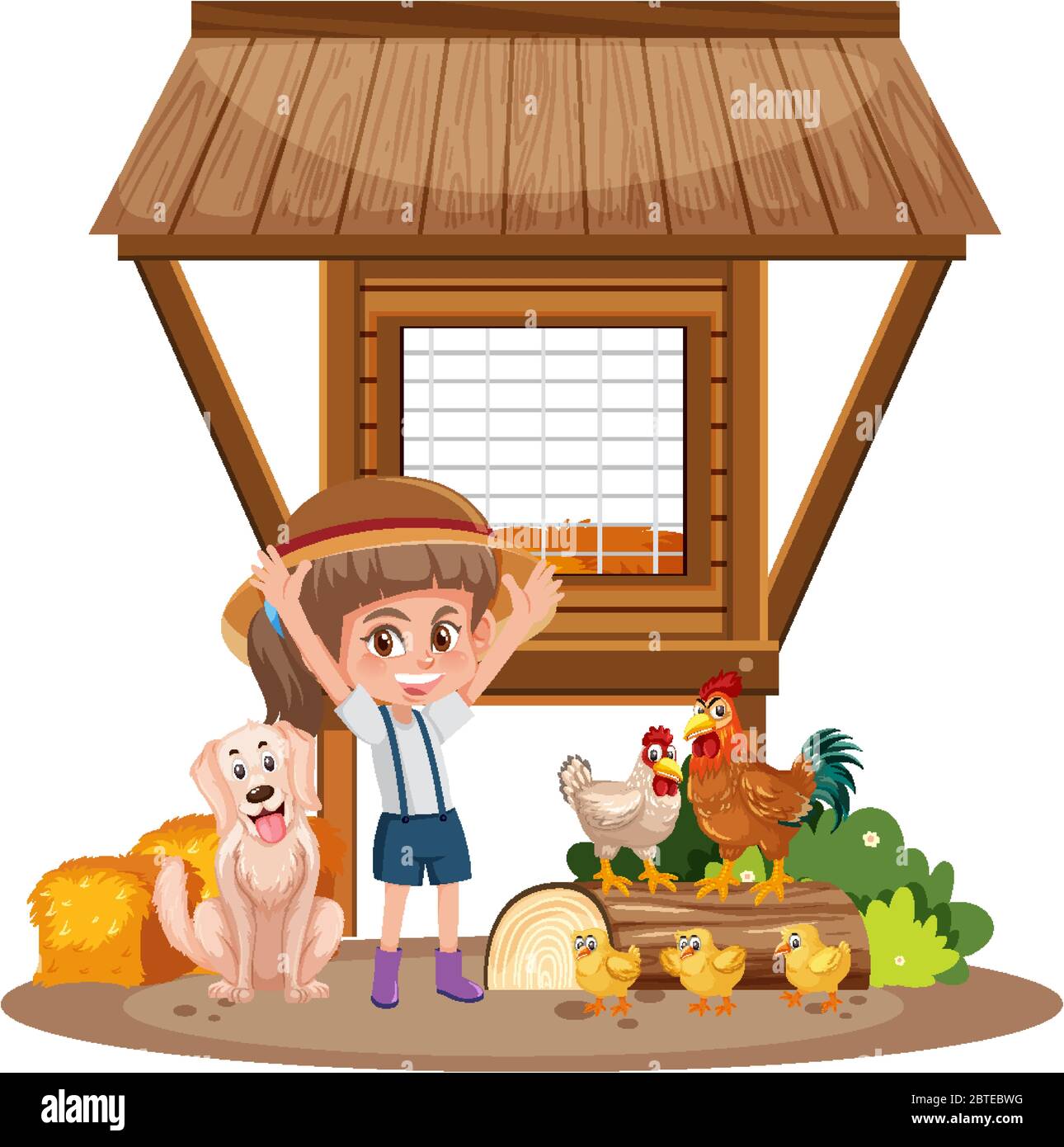 Little girl and chicken coop on white background illustration Stock Vector