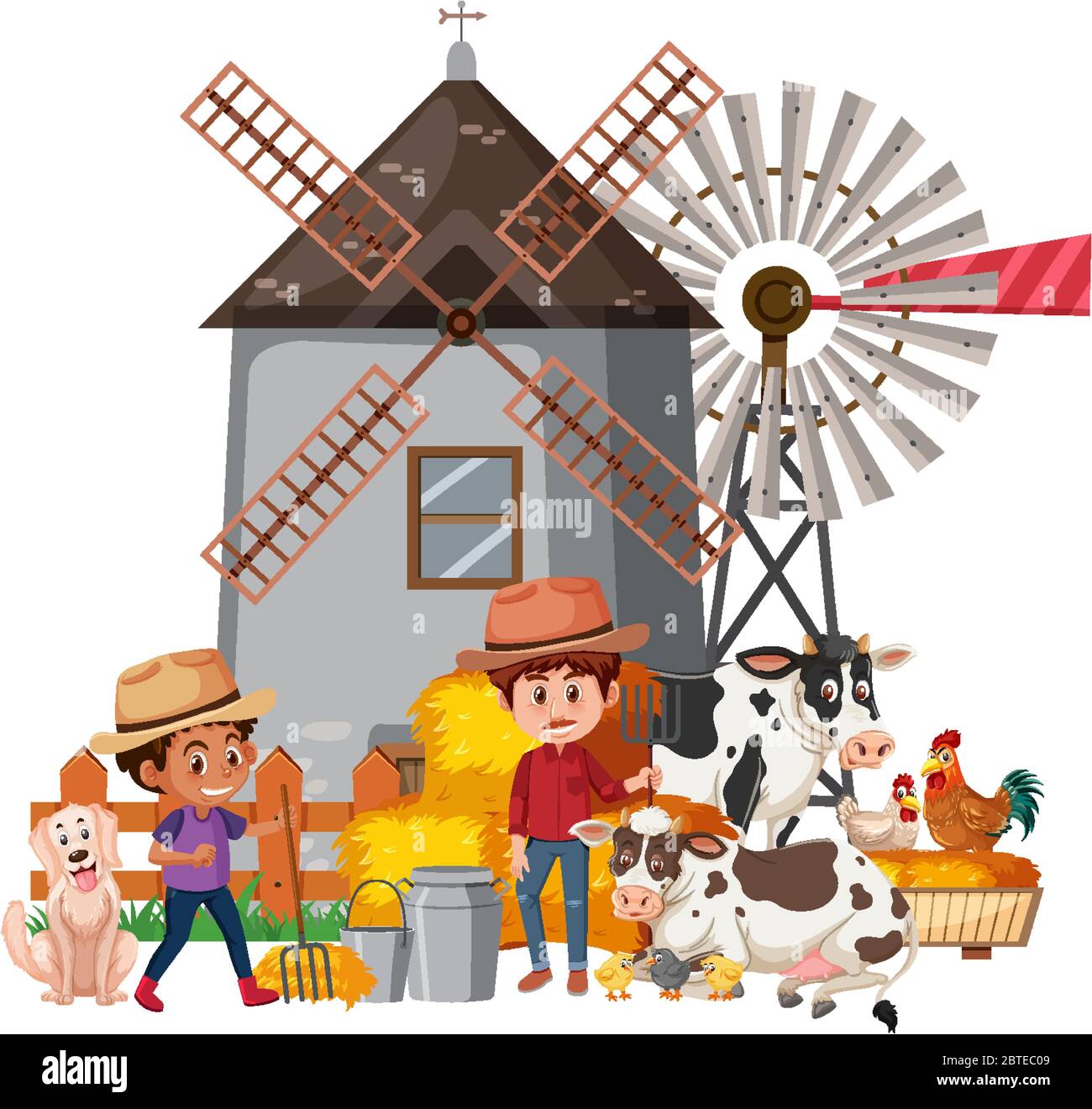 Scene with two farmers and many animals on the farm illustration Stock ...