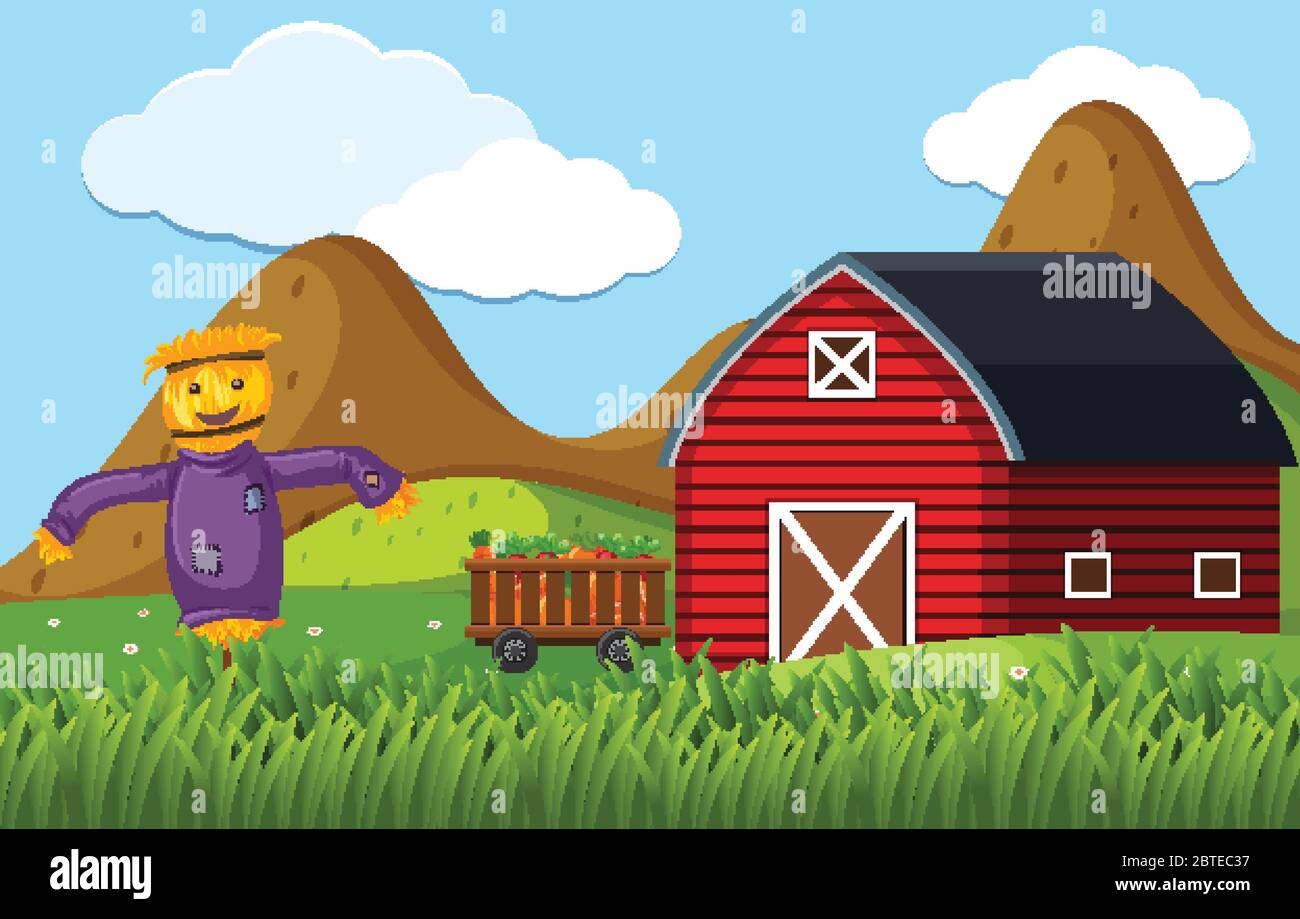 Farm scene with scarecrow and red barn illustration Stock Vector Image ...
