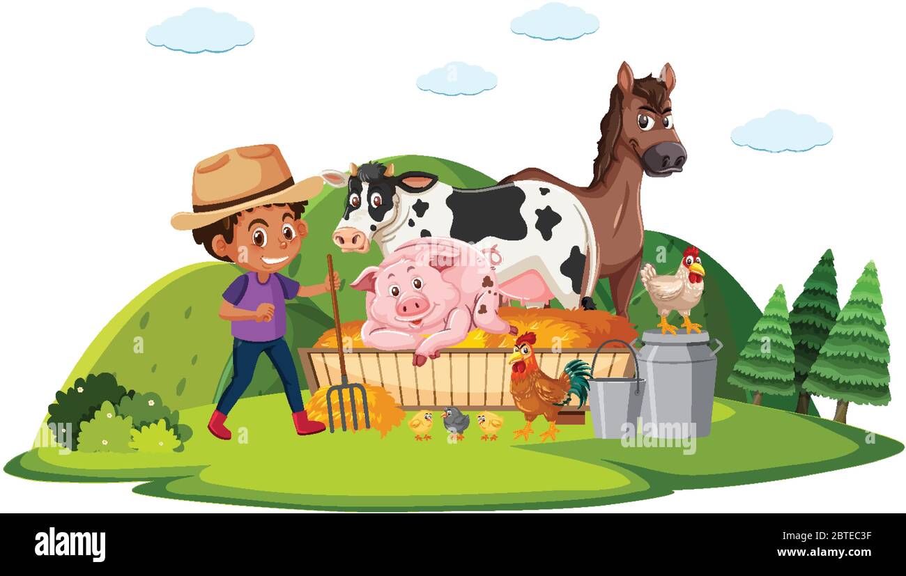 Farm scene with farmboy and many animals on the farm illustration Stock ...