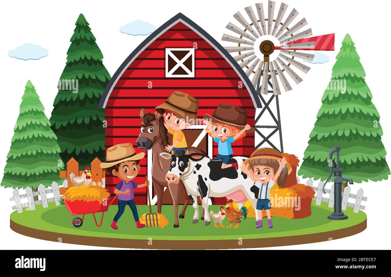Farm scene with many kids and animals on the farm illustration Stock ...