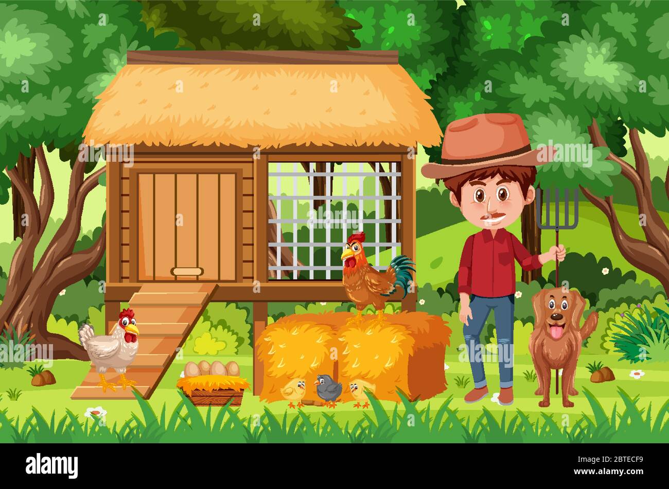 Scene with farmer and chickens on the farm illustration Stock Vector ...
