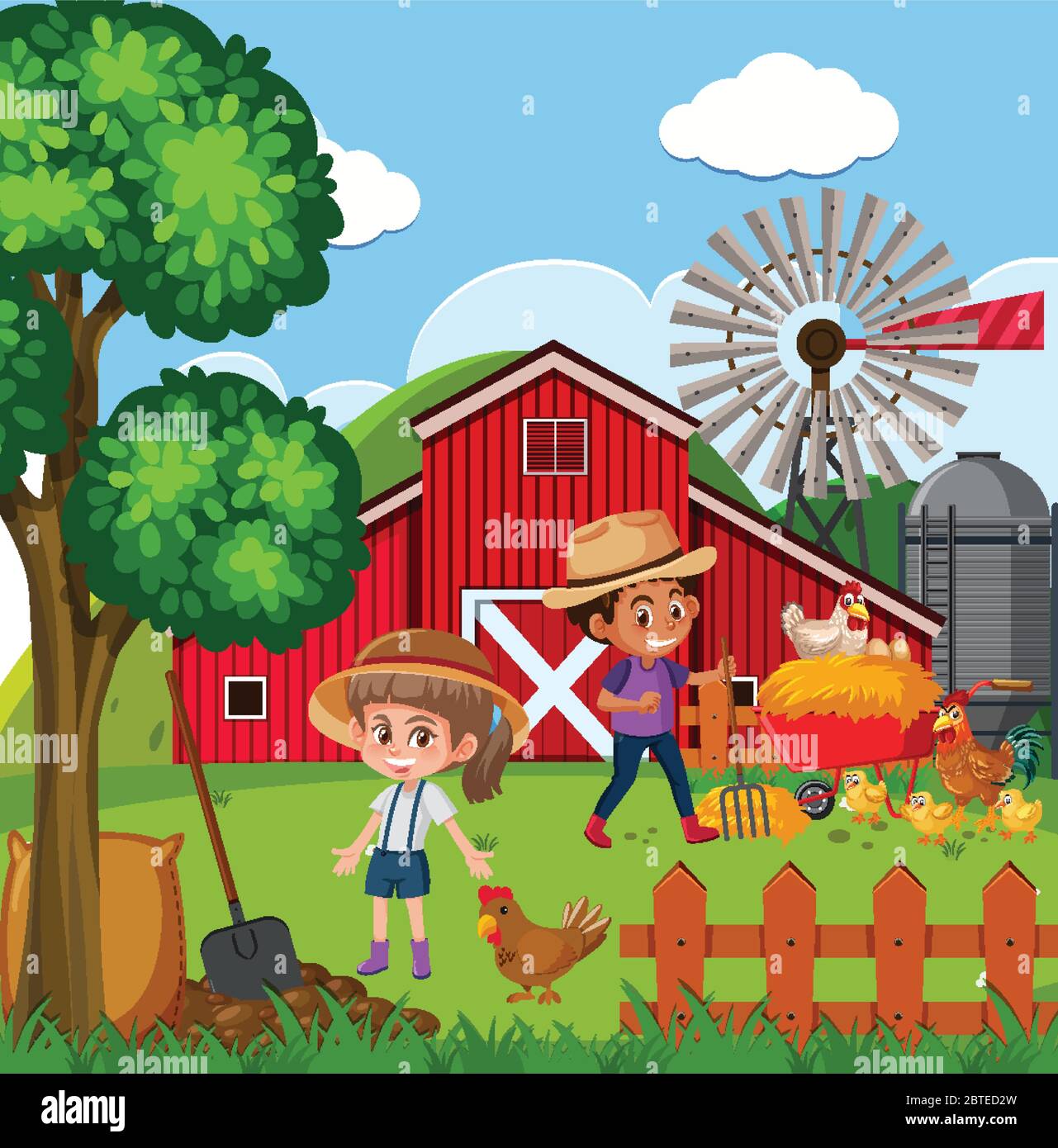 Farm scene with happy children and chickens on the farm illustration ...