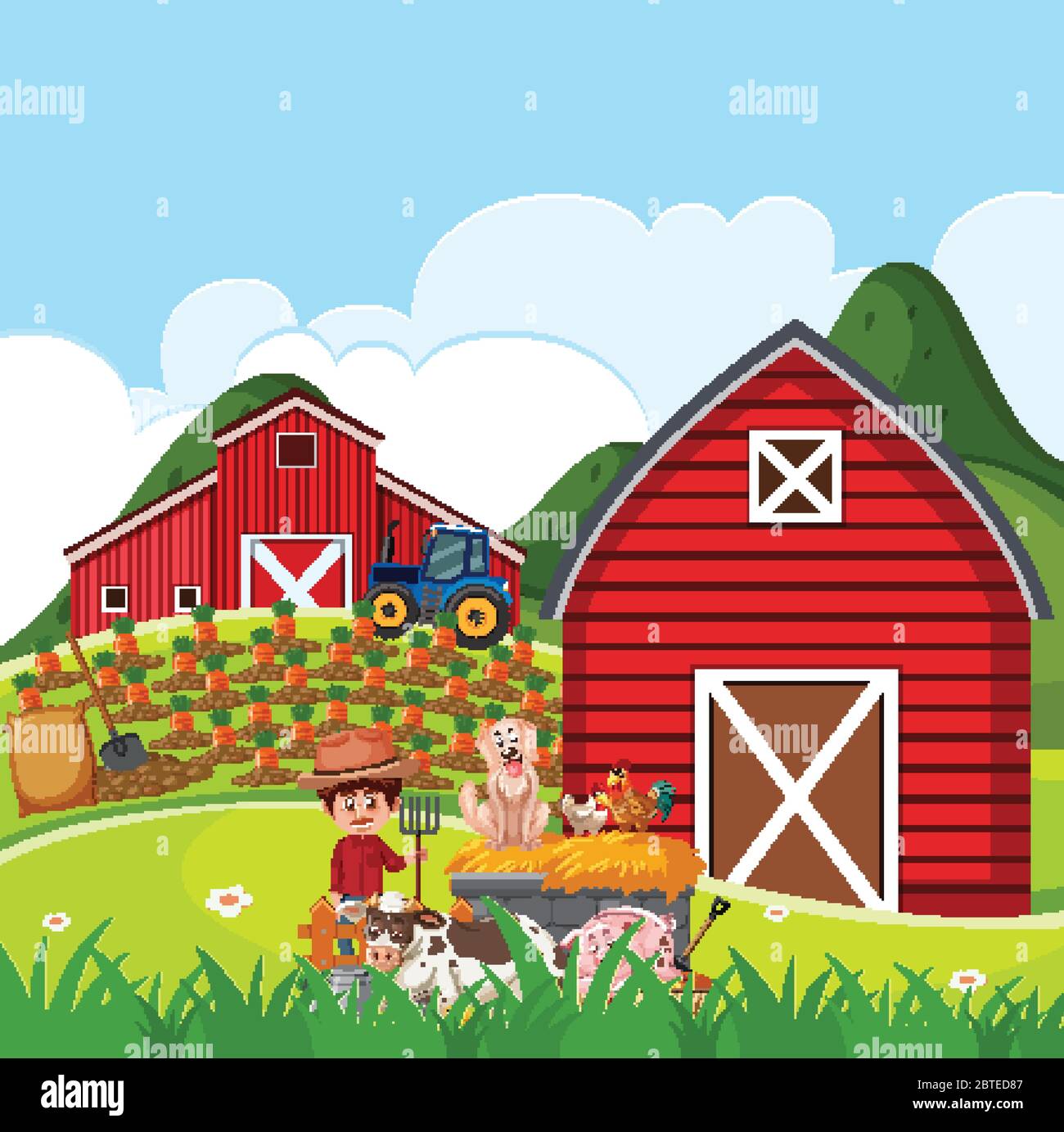 Farm scene with farmer and many animals on the farm illustration Stock ...